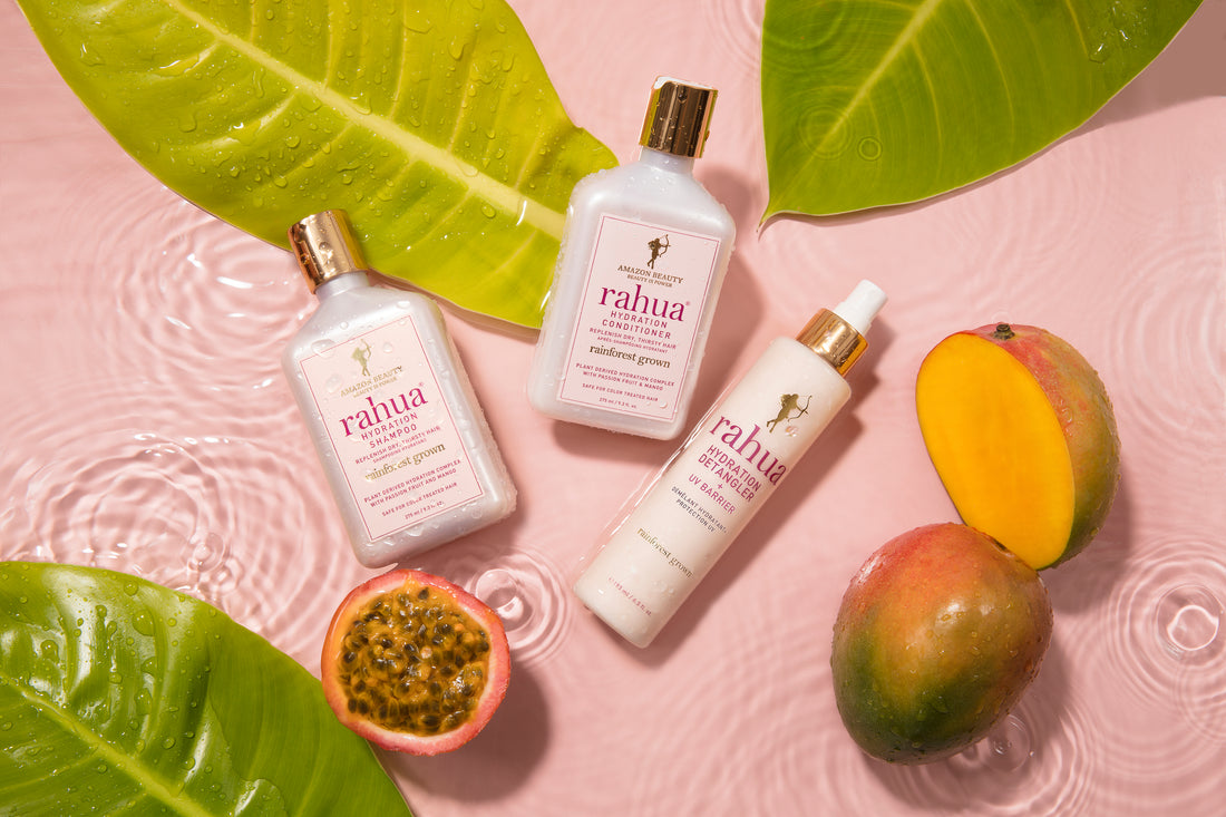 Rahua hydration shampoo, conditioner and hydration detangler with half cut passion fruit and and mango