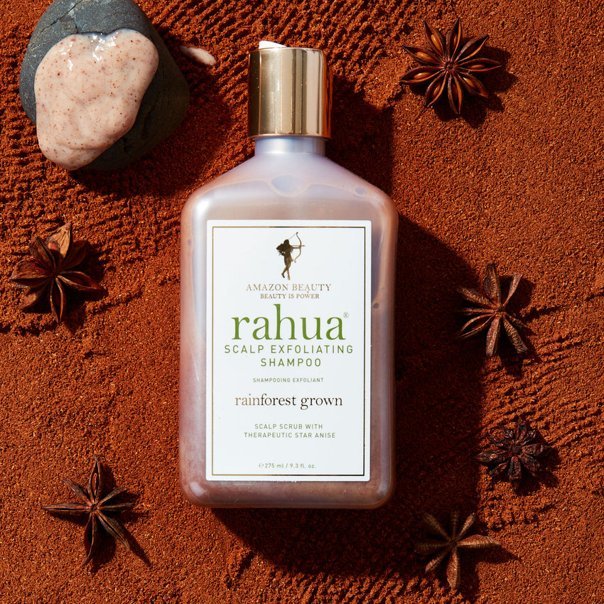 A pouch packaging of Rahua Scalp Exfoliating Shampoo Refill with a clear window showing a bottle of the shampoo inside, surrounded by decorative star anise. With a background of powered and whole star anise.