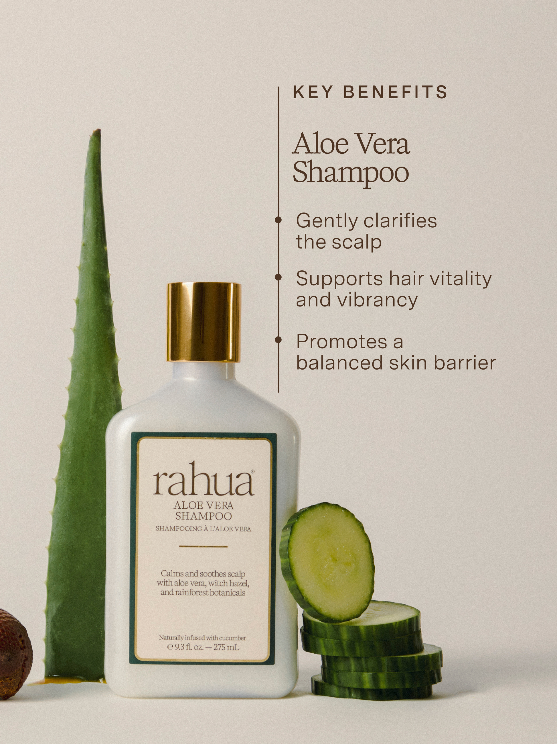 Rahua Aloe Vera Shampoo bottle with aloe vera plant, cucumber slices, and dried fruit on a neutral background. Describes key benefits:
Gently clarifies the scalp
Supports hair vitality and vibrancy
Promotes a balanced skin barrier