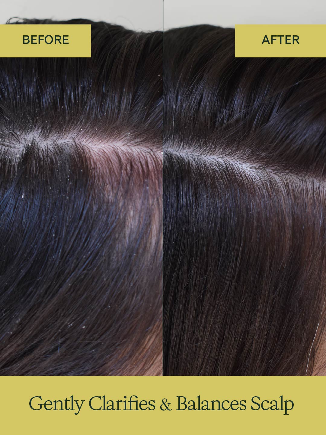 Before and after comparison of hair after using Rahua Aloe Vera Conditioner with text 'Gently Clarifies & Balances Scalp' on a yellow background.