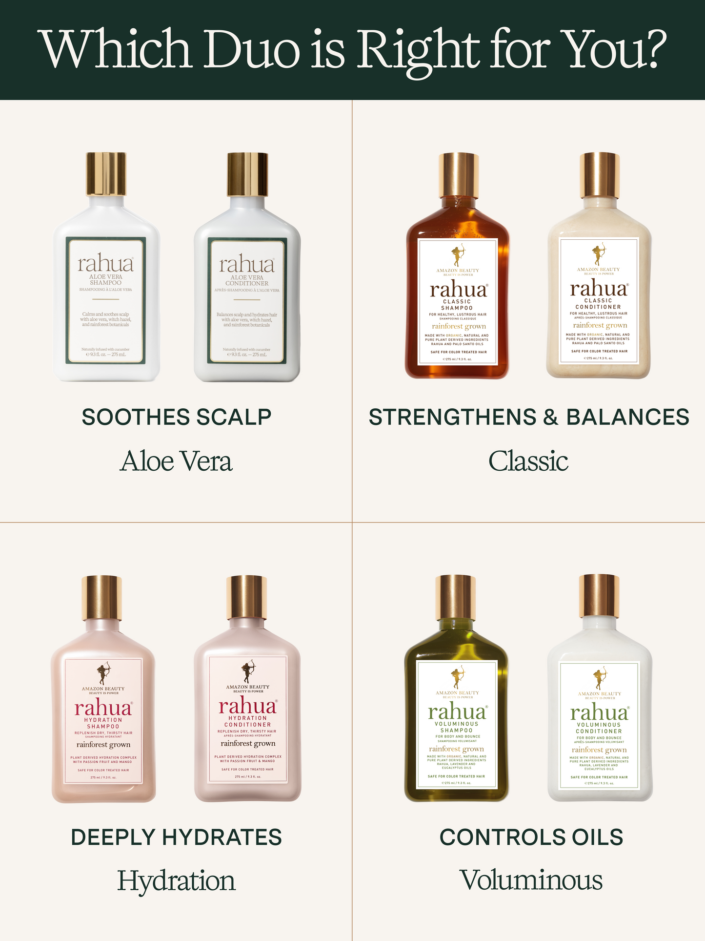 Rahua product lineup with different hair care solutions on a white background.