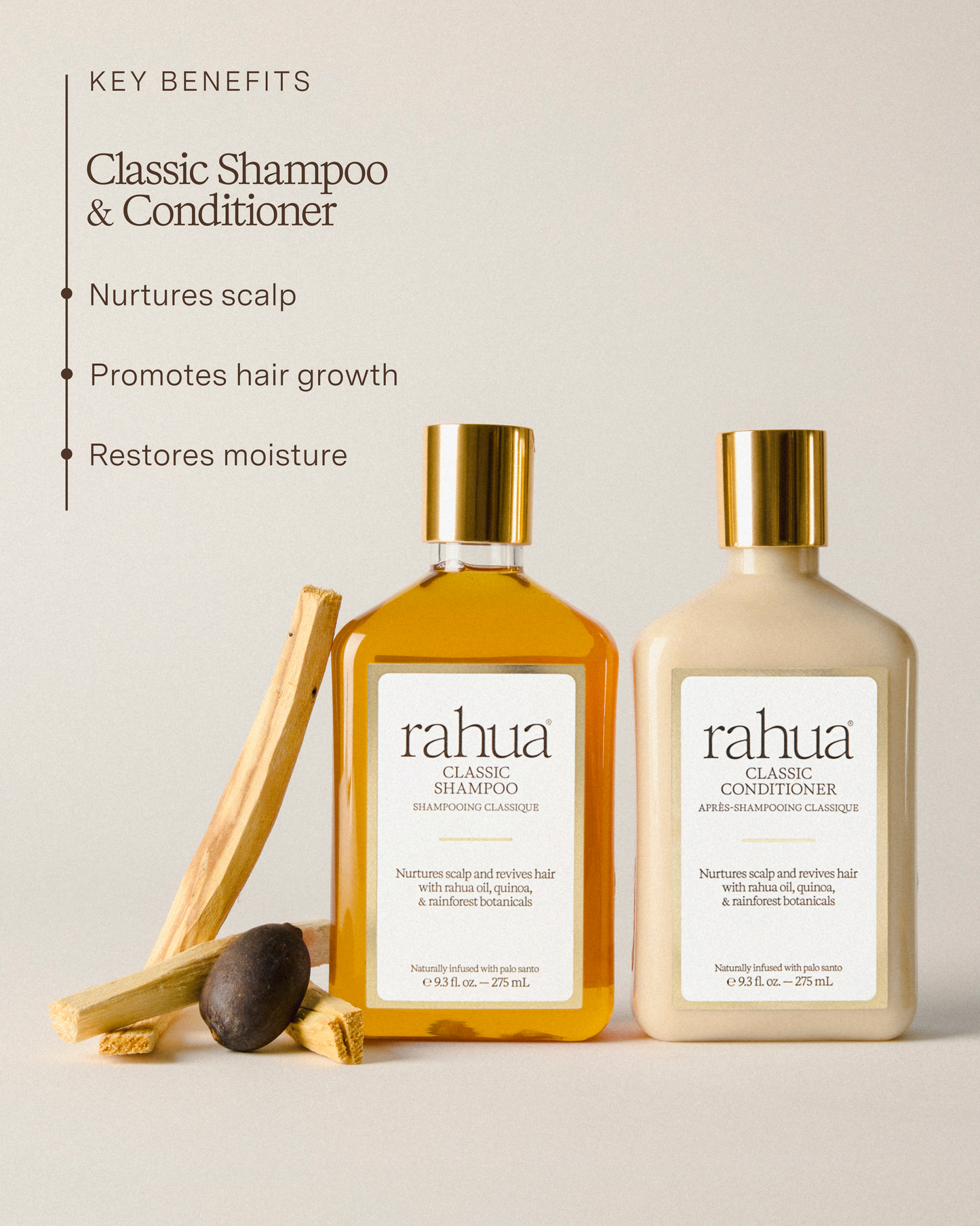 Two bottles of Rahua Classic Shampoo and Conditioner on a light background with key benefits listed|variant:93-oz,16-oz