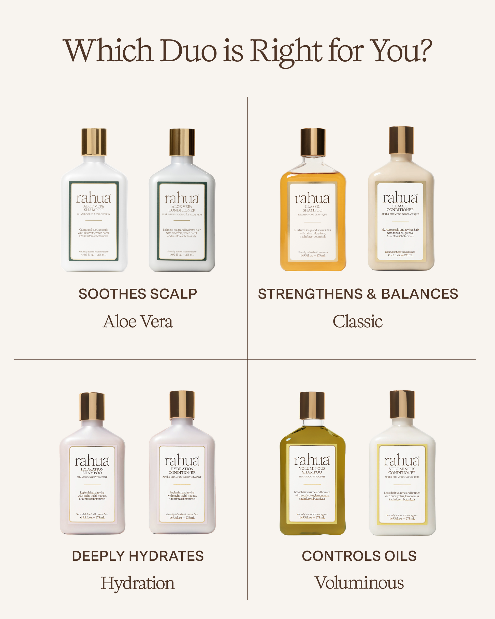 Rahua hair care product bottles with labels for different hair care needs on a white background|variant:93-oz,18-oz