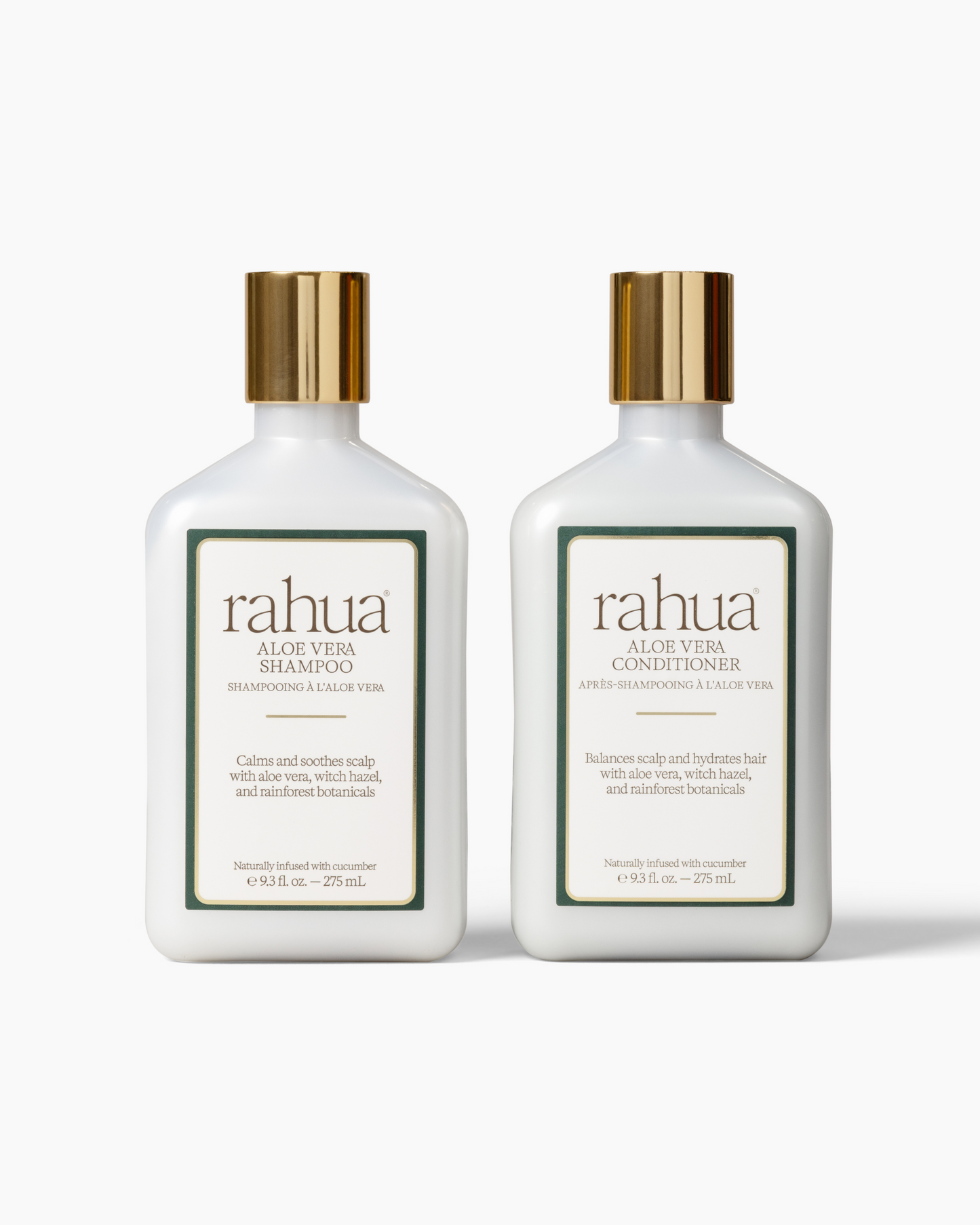 Two bottles of Rahua Aloe Vera shampoo and conditioner on a white background