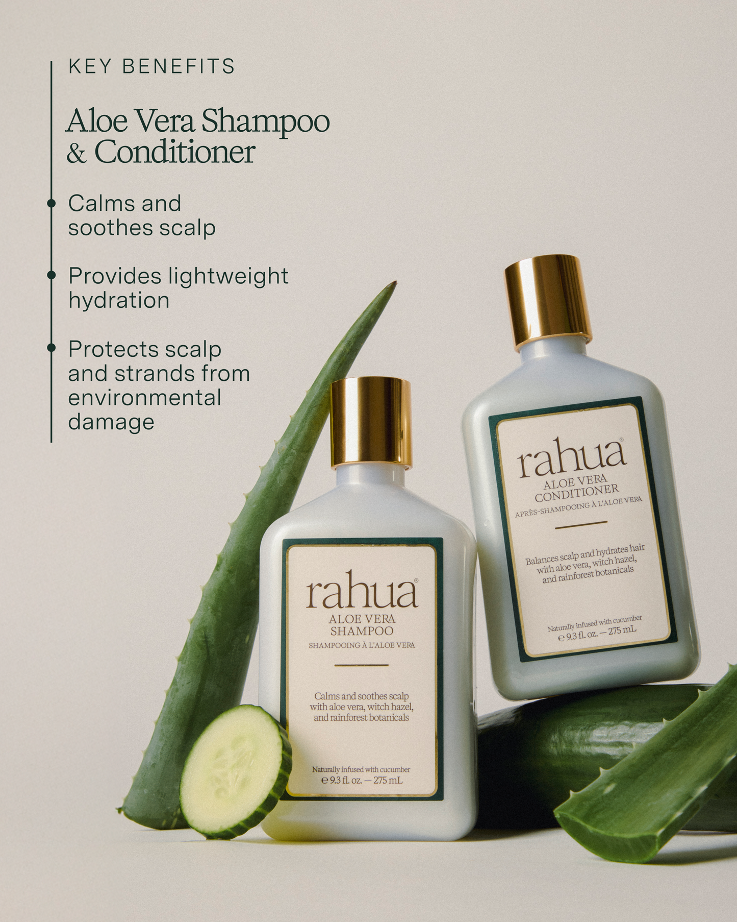 Rahua Aloe Vera Shampoo and Conditioner bottles with aloe vera leaves on a light background