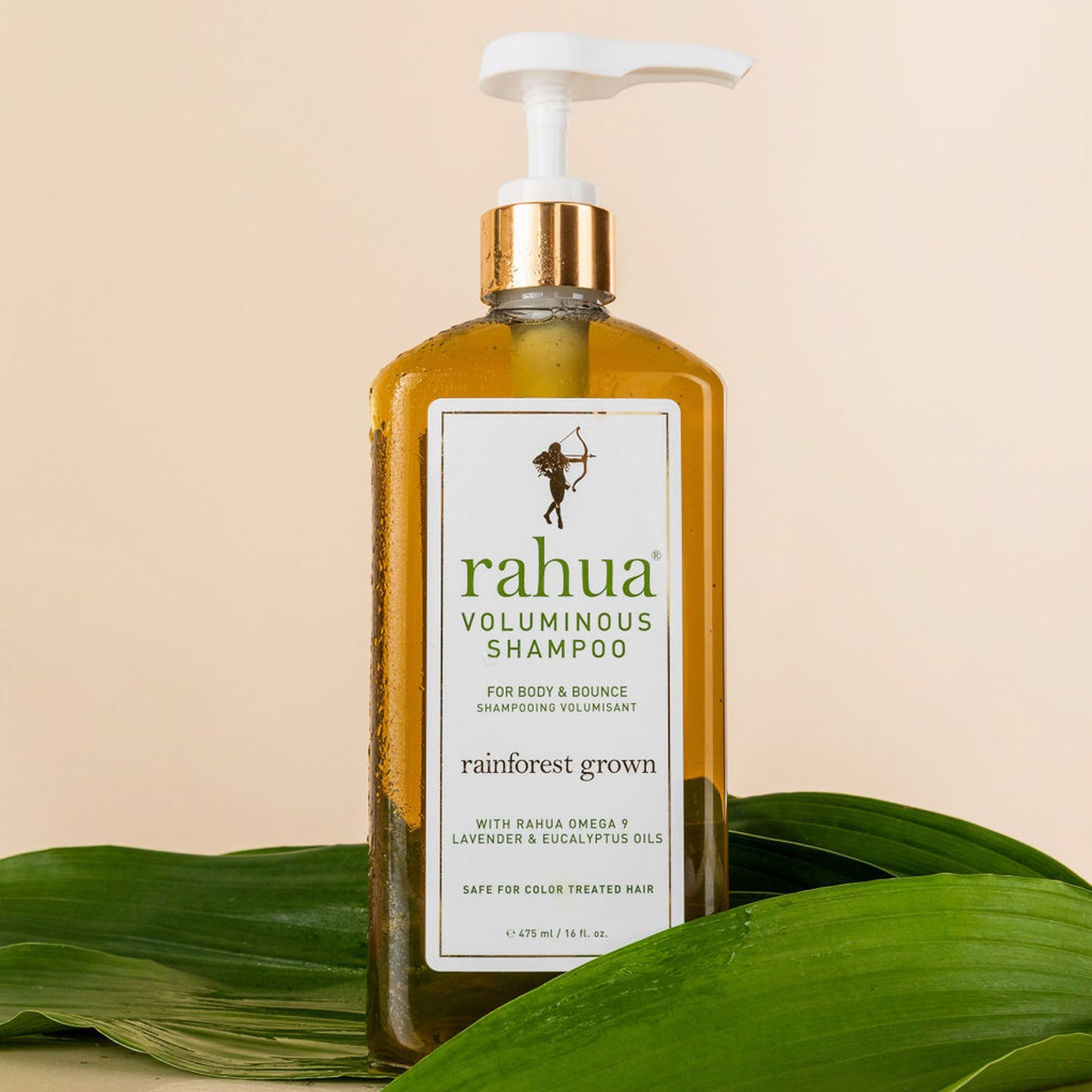 Voluminous Shampoo Lush Pump Bottle with leaf around base