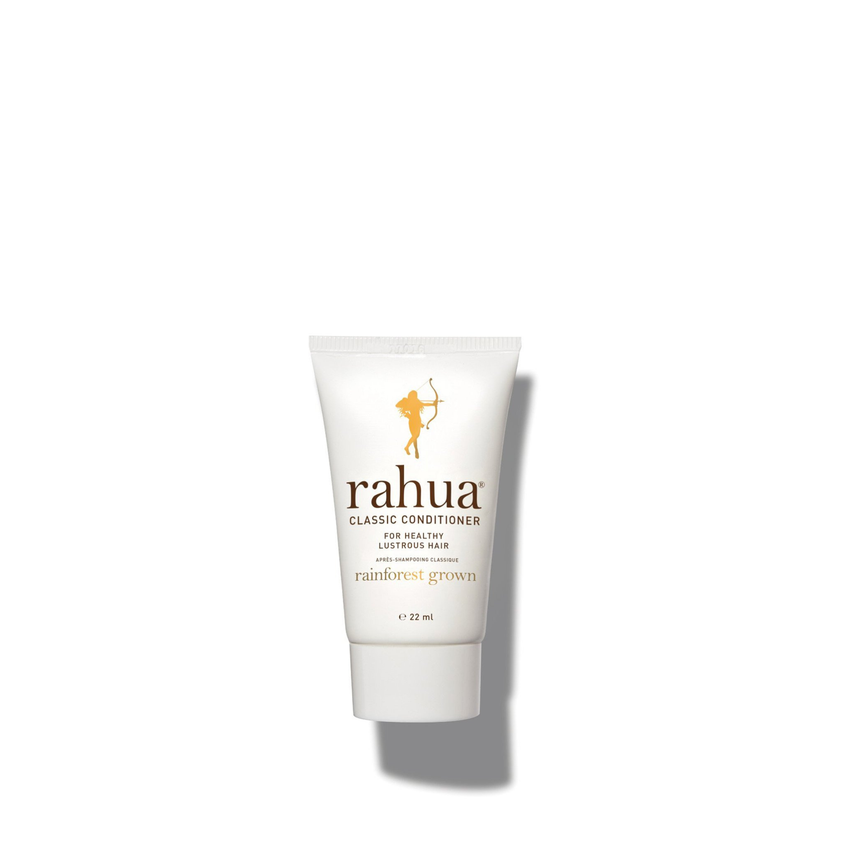 white tube of rahua classic conditioner with brown lettering on a plain white background 2 oz travel size travel friendly tsa safe and compliant|variant:074-oz