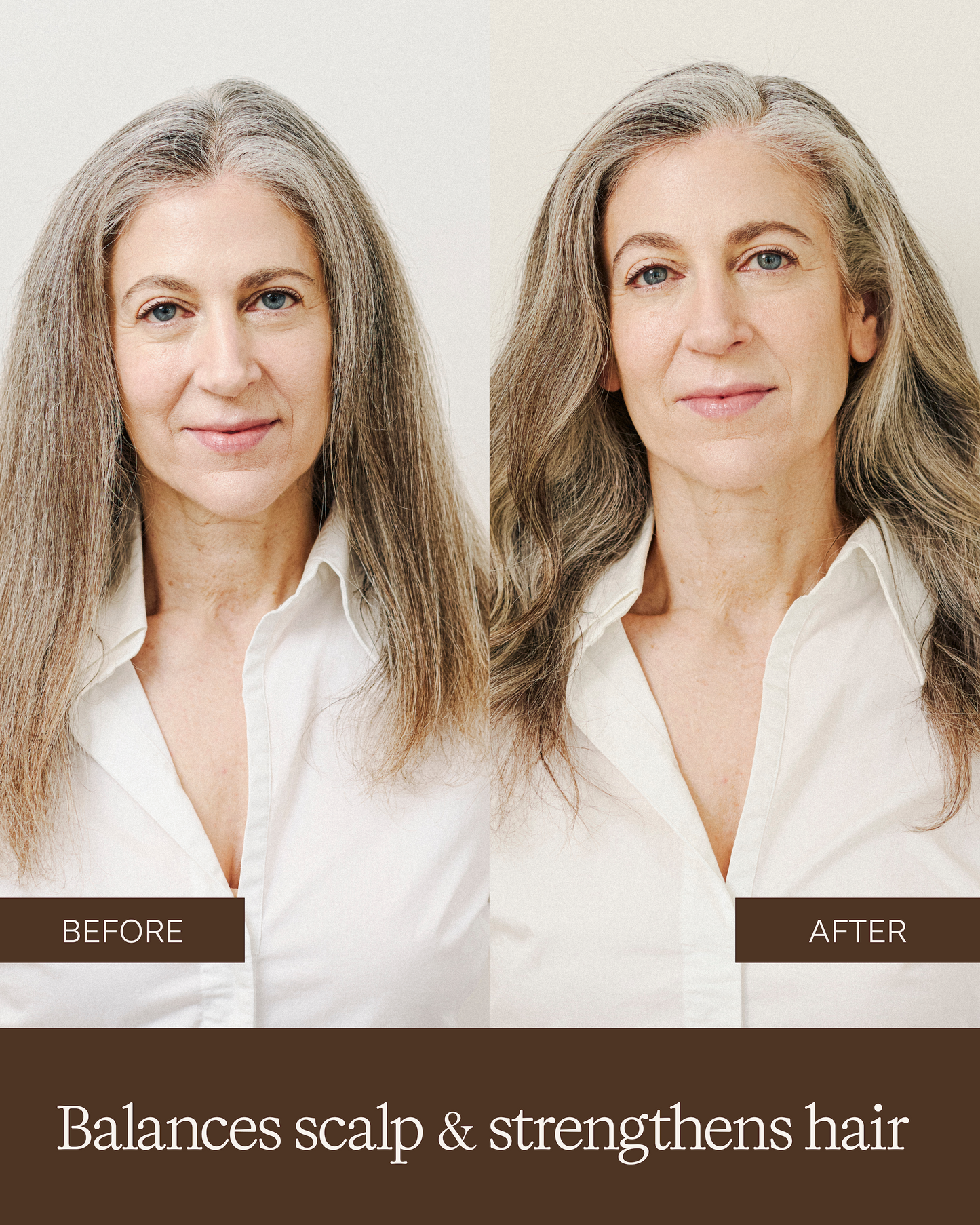 Before and after comparison of a model with gray hair, showing hair balance and strength improvement using rahua classic shampoo and conditioner|variant:93-oz