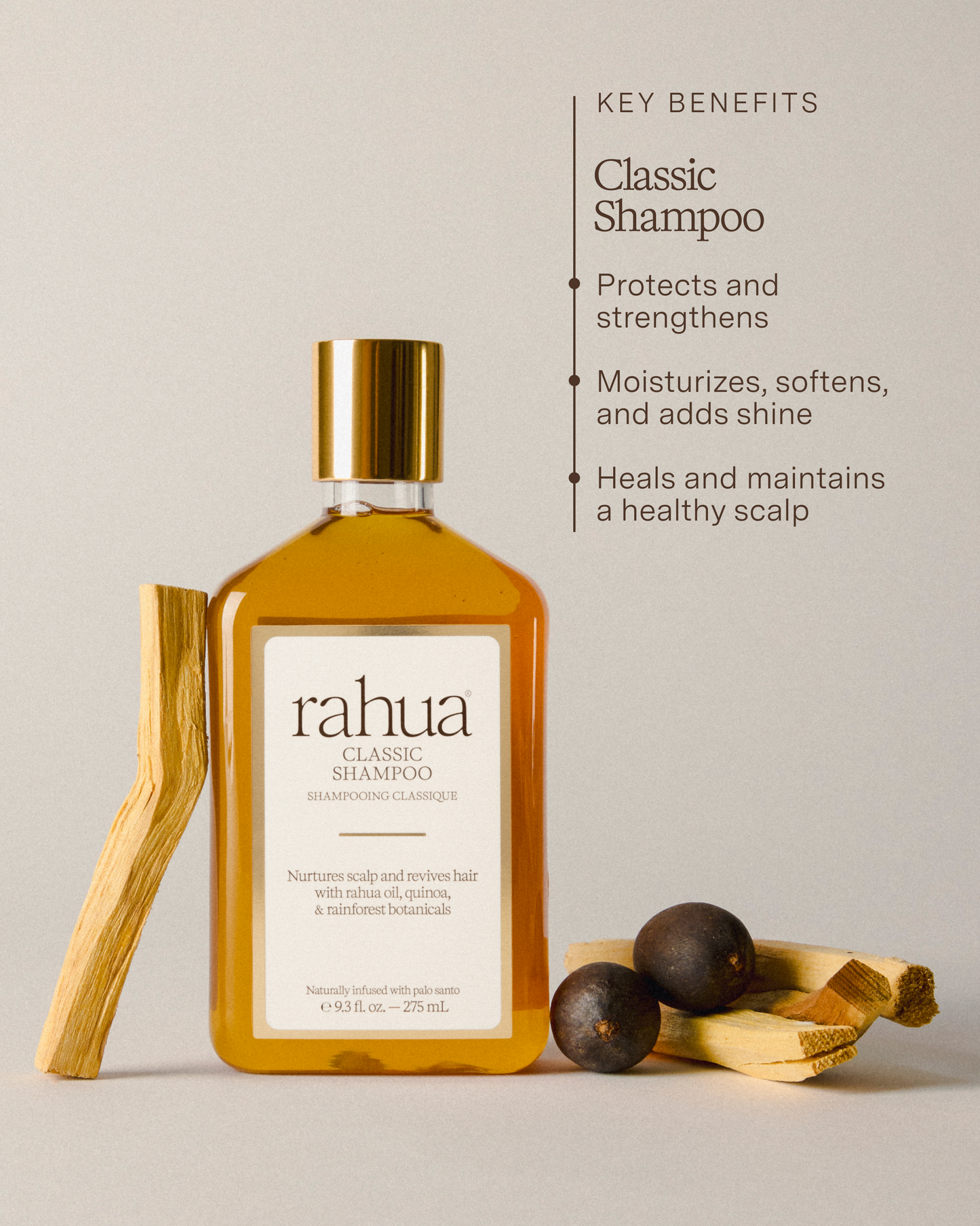 bottle of rahua classic shampoo with sticks of palo santo wood and morete seeds on a warm grey background listing out key benefits including protection and strength, moisture, softening and shine as well as healing and maintaining a healthy scalp|variant:93-oz