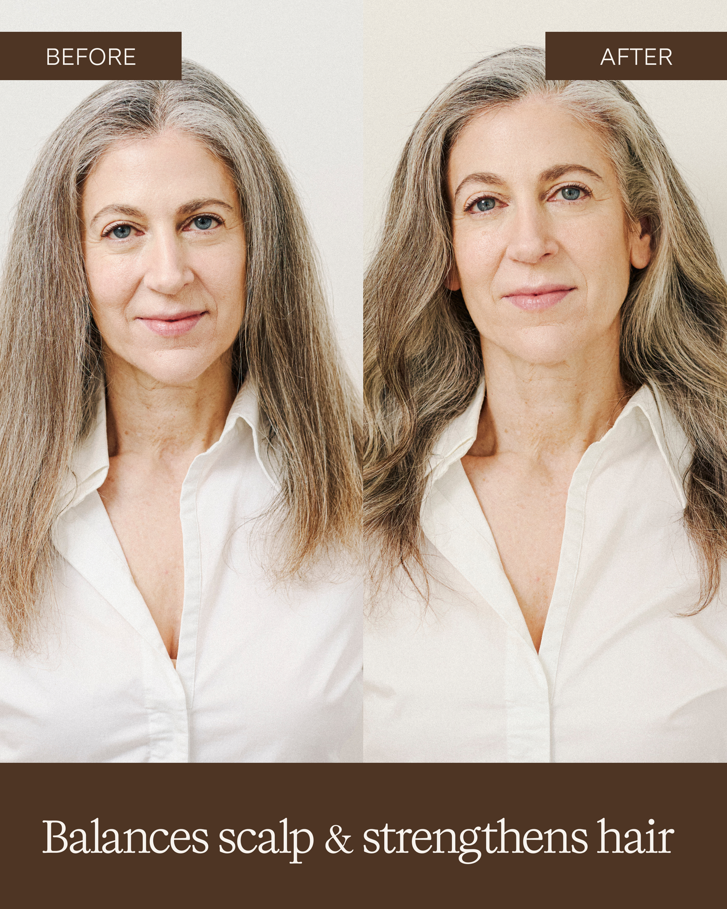 Before and after comparison of a woman with gray hair, showing hair balance and strength improvement|variant:93-oz
