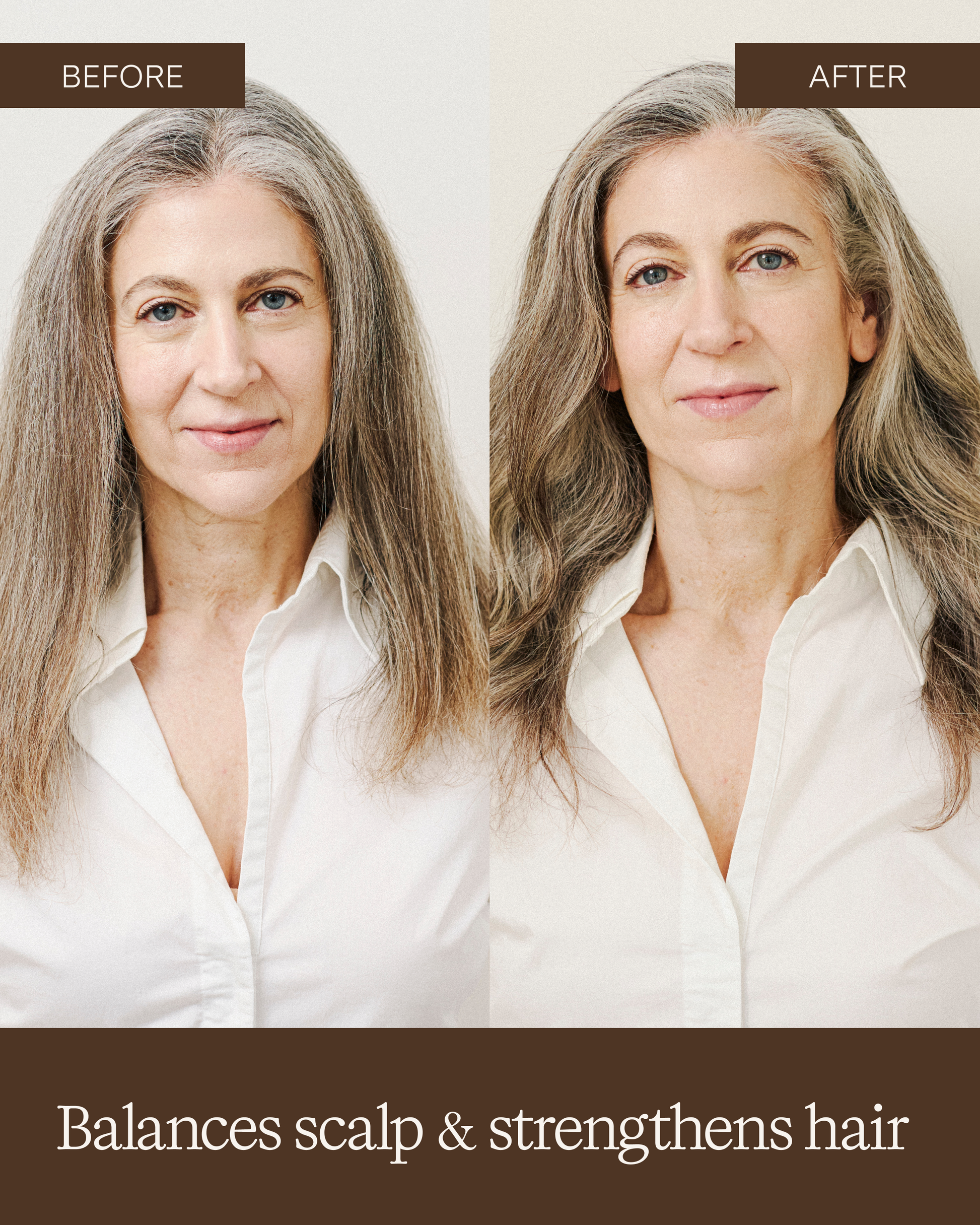Before and after comparison of a woman with gray hair, showing hair balance and strength improvement|variant:93-oz