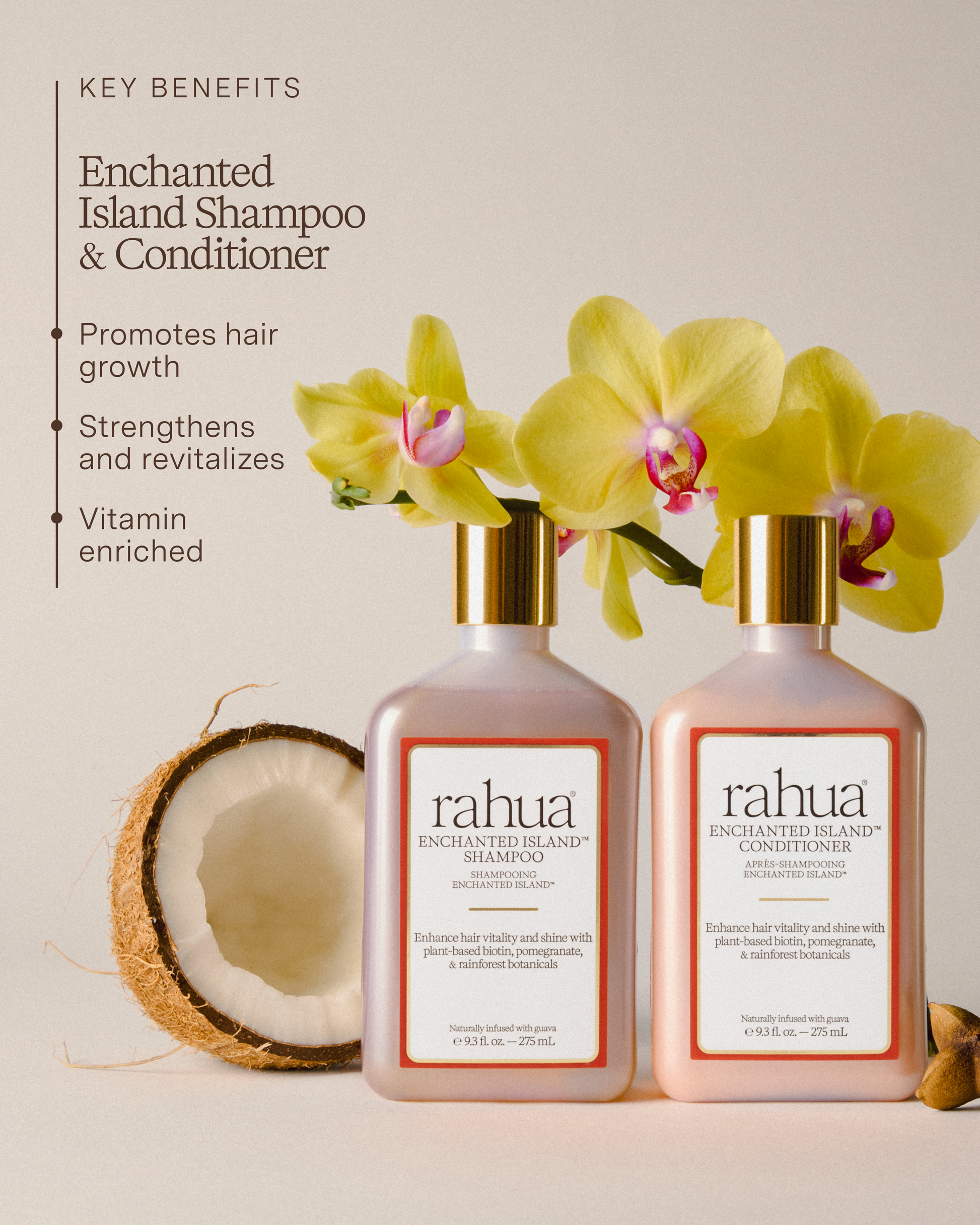 Two bottles of rahua Enchanted Island Shampoo and Conditioner with flowers and a coconut on a light background.|variant:93-oz,16-oz