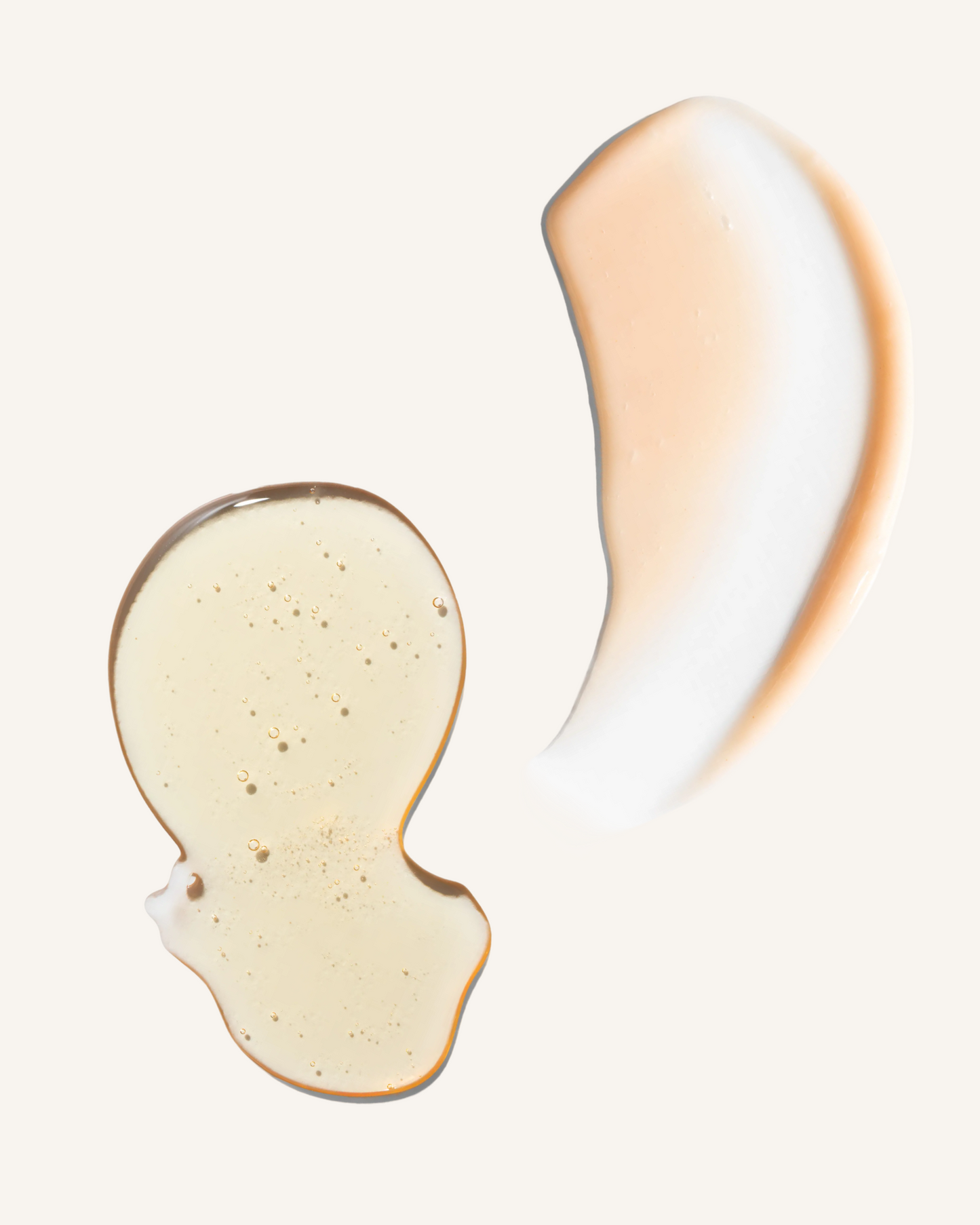 soft pastel orange gel shampoo swatch on an warm white background of rahua enchanted island shampoo and a close-up of a smooth, beige-colored conditioner on a white background, rahua enchanted island conditioner texture|variant:93-oz