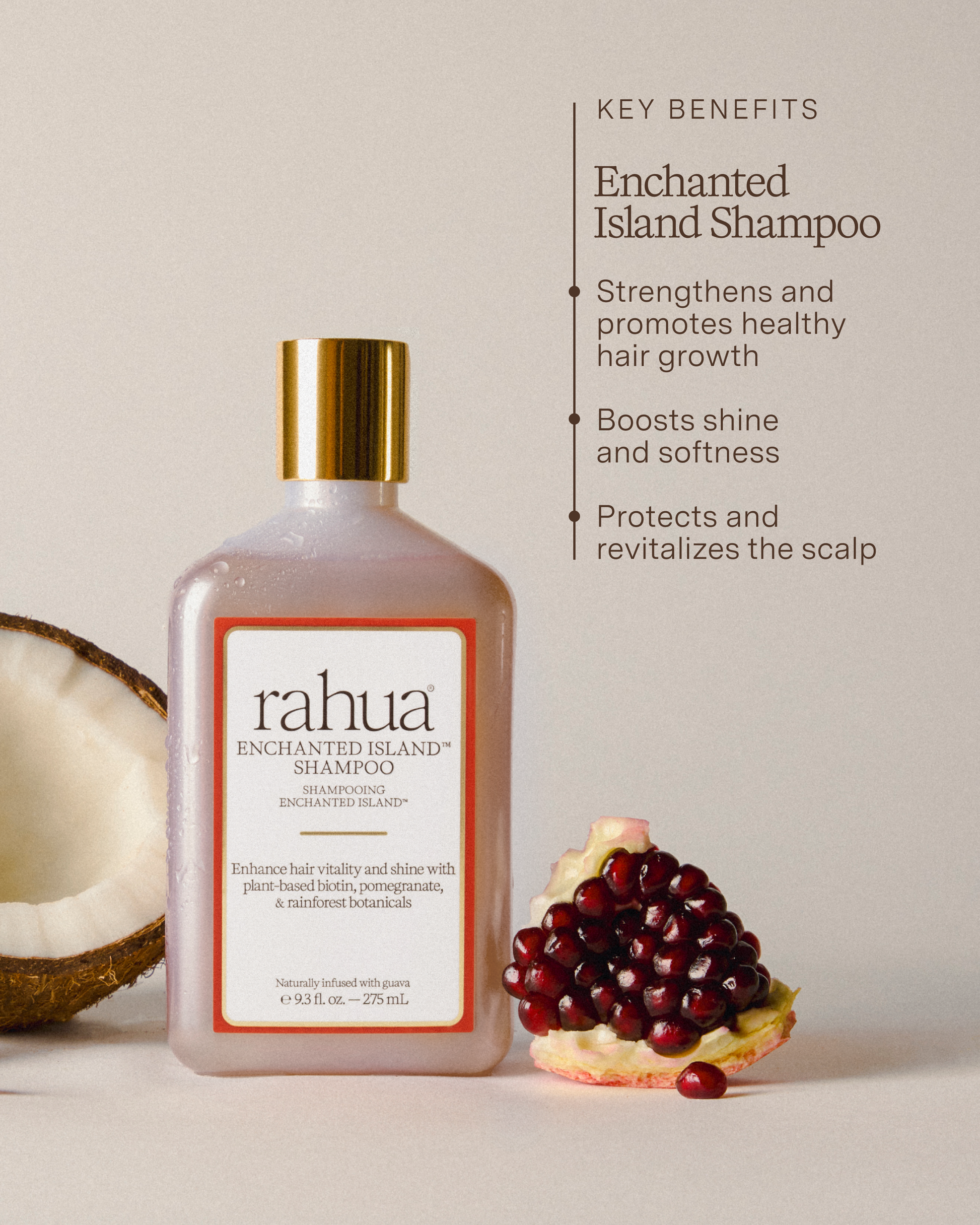 photo of bottle of rahua enchanted island shampoo with a halved coconut and a section of pomegranate listing key benefits included strengthening, healthy hair growth, shine and softness plus protecting and revitalizing scalp|variant:93-oz