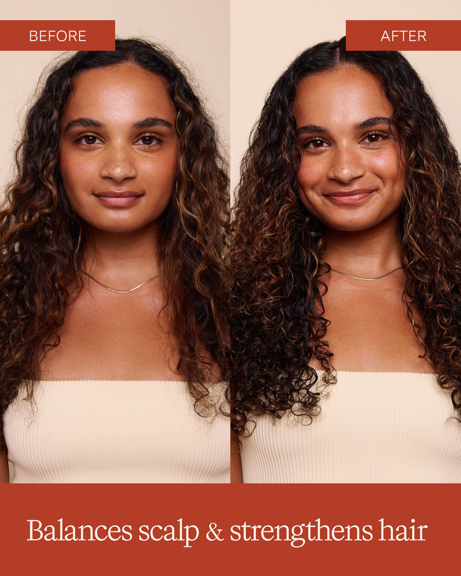 Before and after comparison of a model with curly hair, showing hair balance and strength improvement and defined texture|variant:93-oz