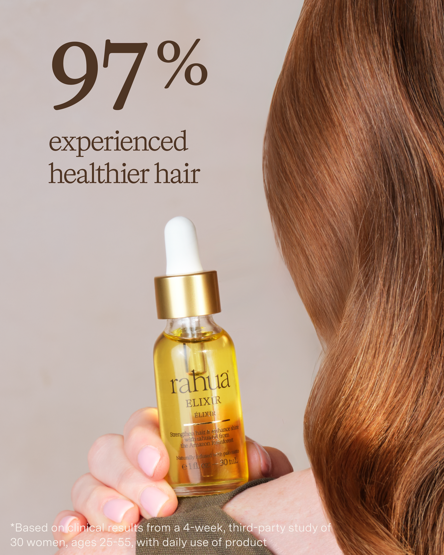 Rahua Elixir hair oil dropper with wavy hair and text on a beige background|variant:1-oz