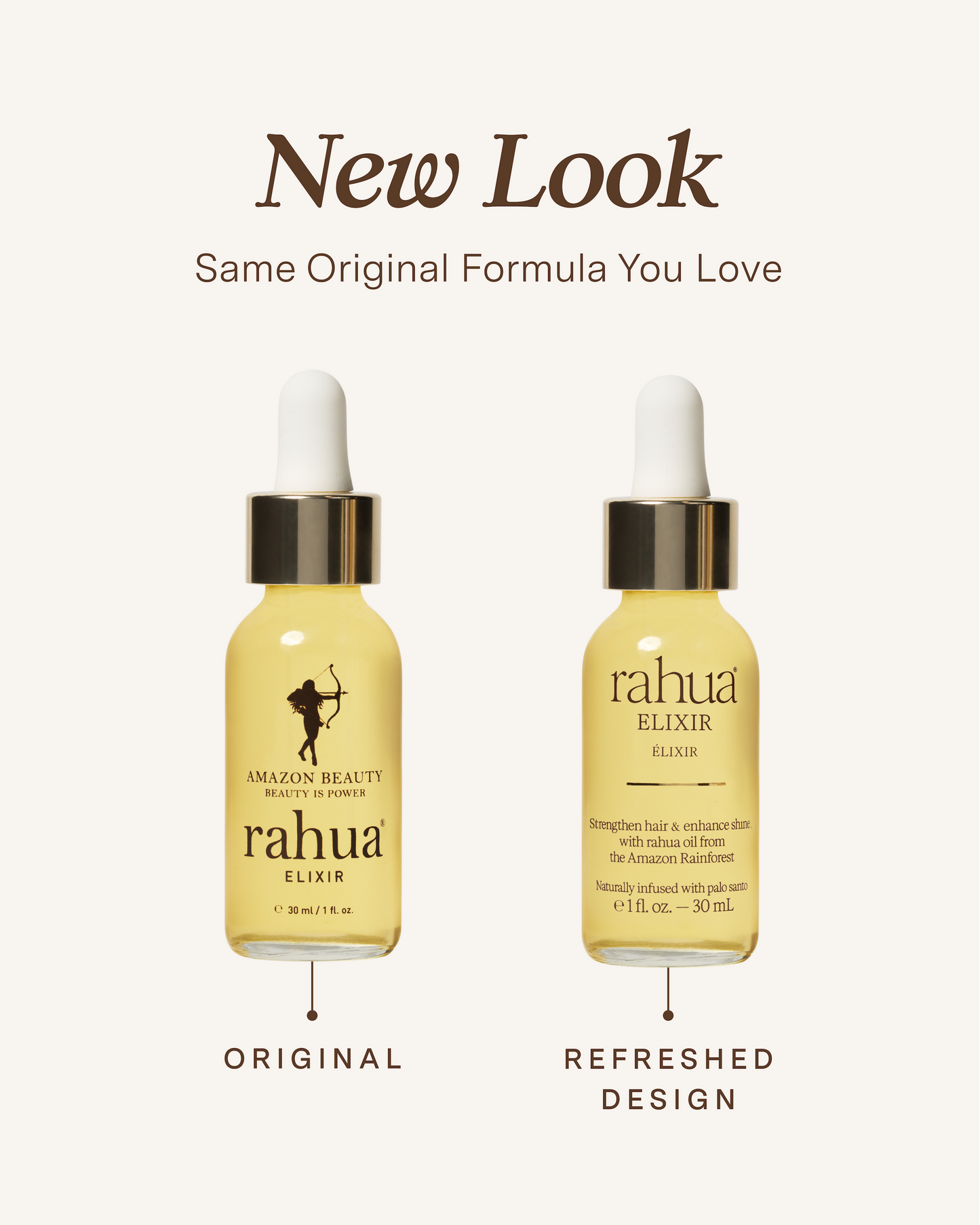 Two bottles of Rahua Elixir with a comparison between original and refreshed design on a white background|variant:1-oz