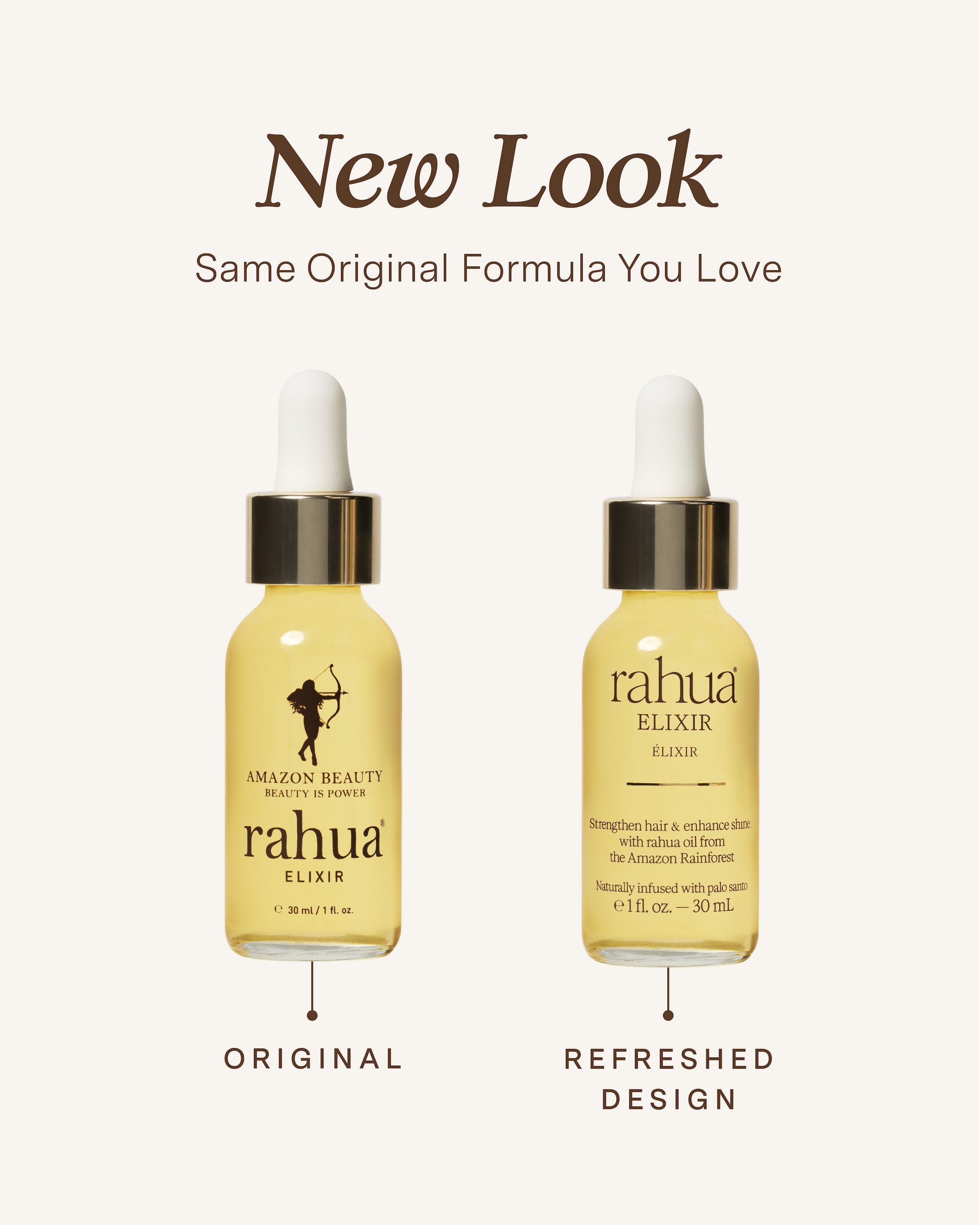Two bottles of Rahua Elixir with a comparison between original and refreshed design on a white background|variant:1-oz