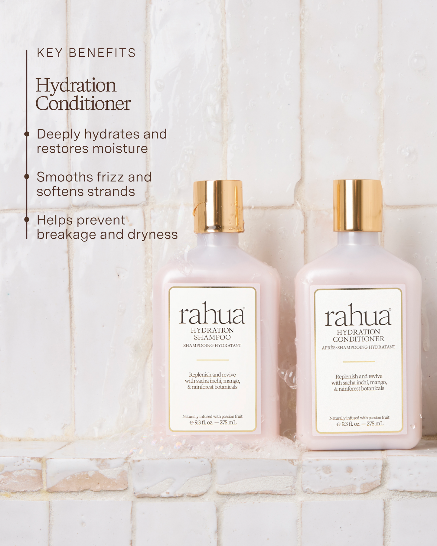 Two bottles of rahua Hydration Shampoo and Conditioner on a tiled bathroom wall|variant:93-oz