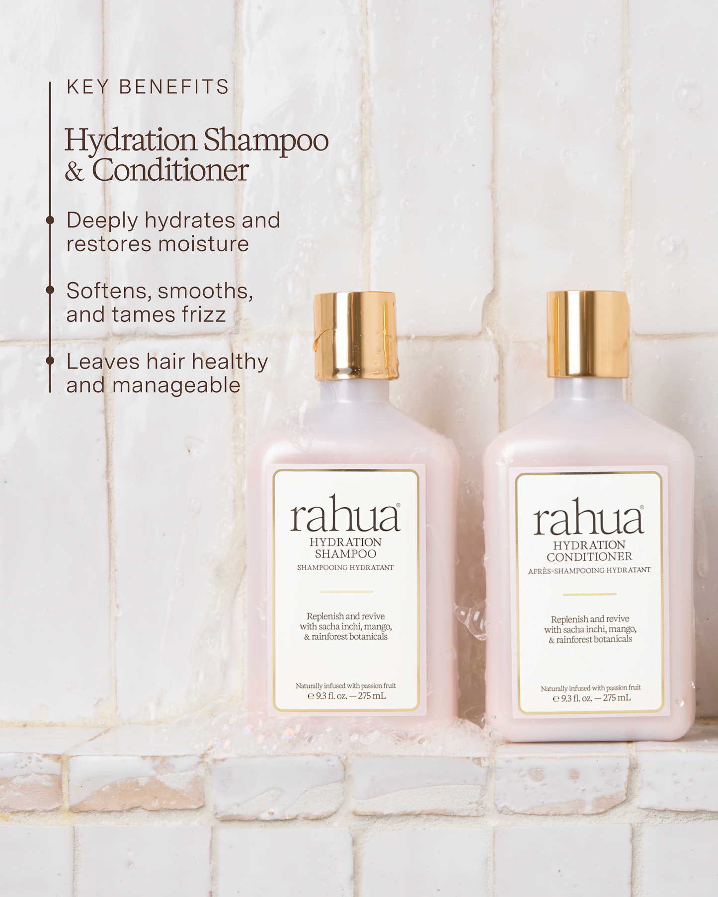 Two bottles of Rahua Hydration Shampoo and Conditioner on a tiled bathroom wall|variant:93-oz