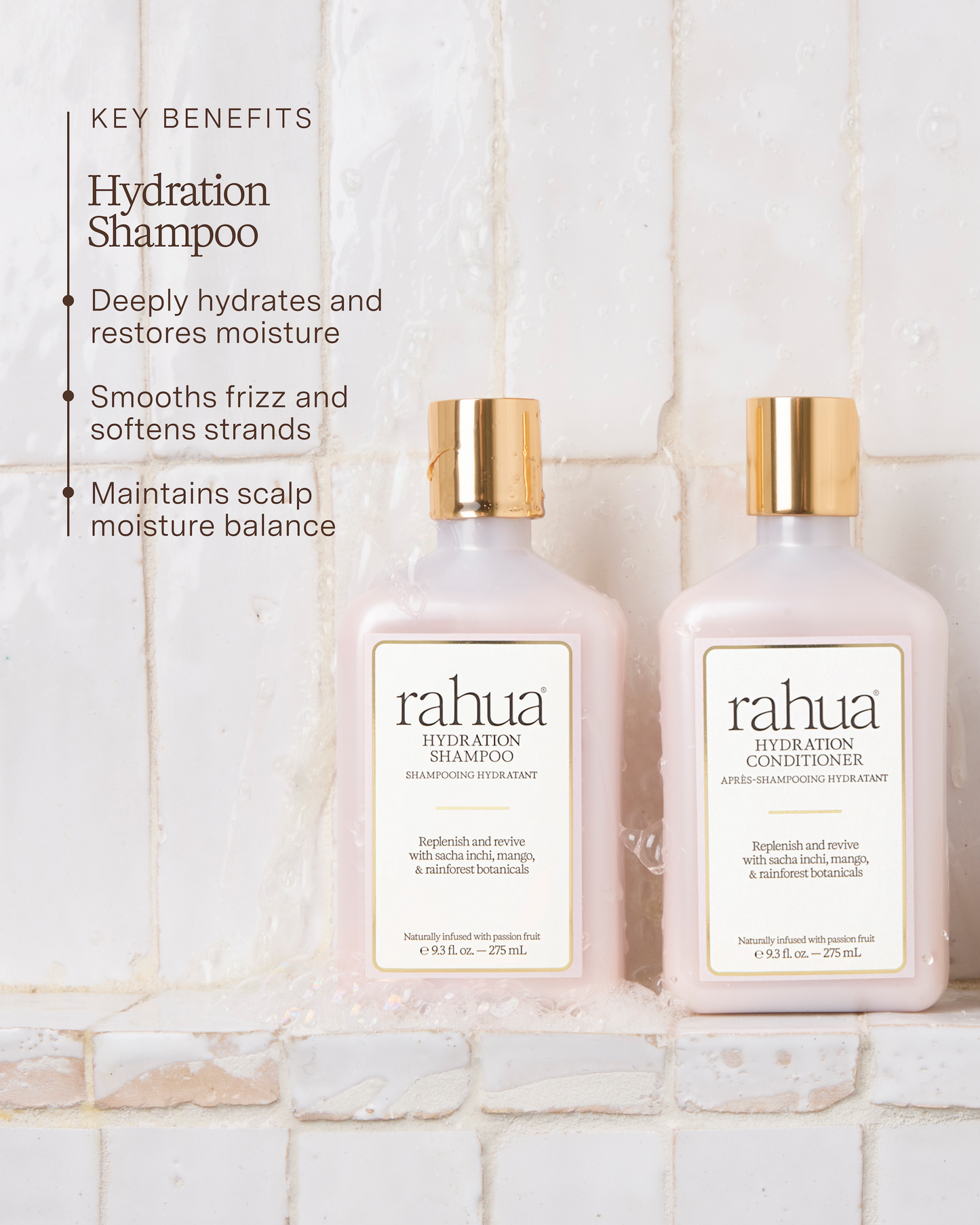 Two bottles of Rahua Hydration Shampoo and Conditioner on a tiled bathroom wall|variant:93-oz