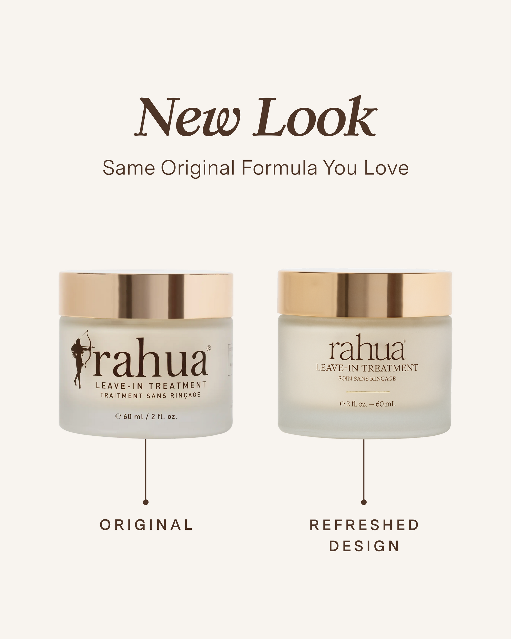 Two jars of Rahua leave-in treatment with 'New Look' text on a white background