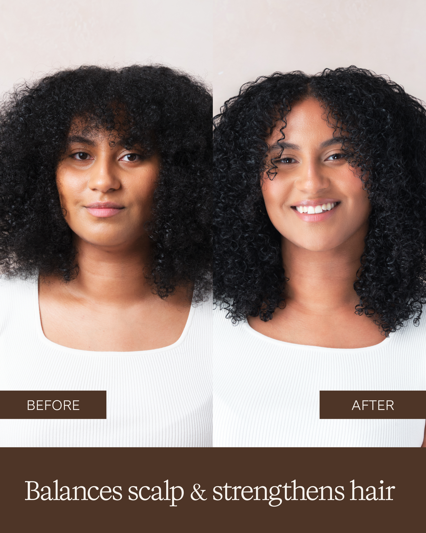 Before and after comparison of a woman's hair with text 'Balances scalp & strengthens hair' on a white background.