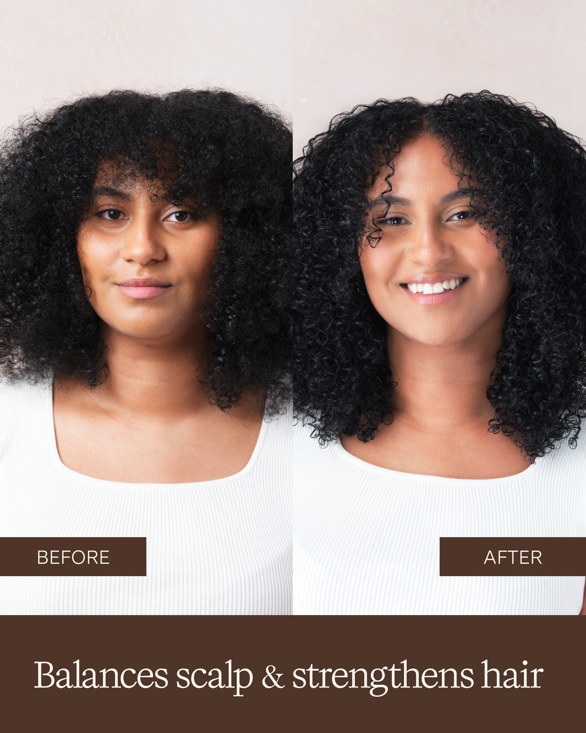 Before and after comparison of a woman's hair with text 'Balances scalp & strengthens hair' on a white background.