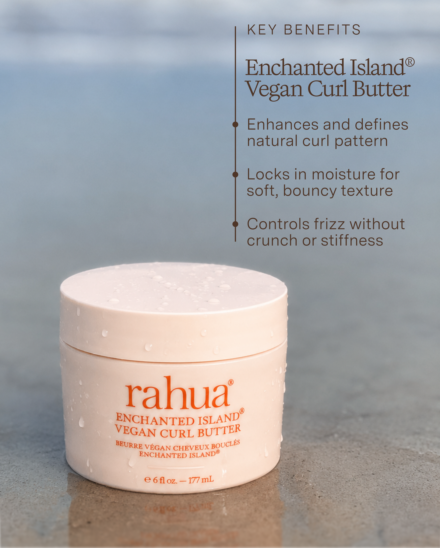 Jar of rahua Enchanted Island Vegan Curl Butter with beach background