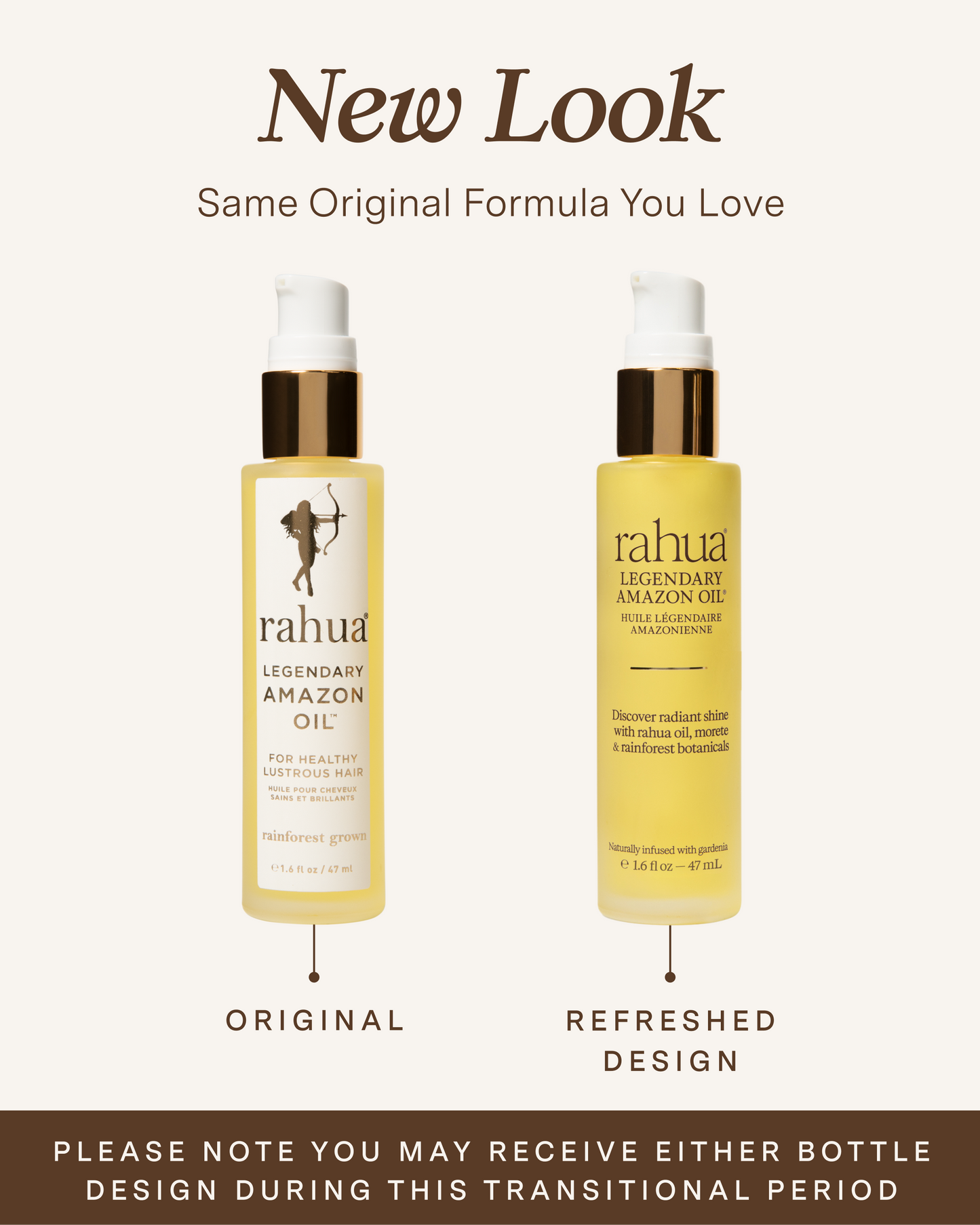 Two bottles of Rahua Legendary Amazon Oil with text indicating a refreshed design.