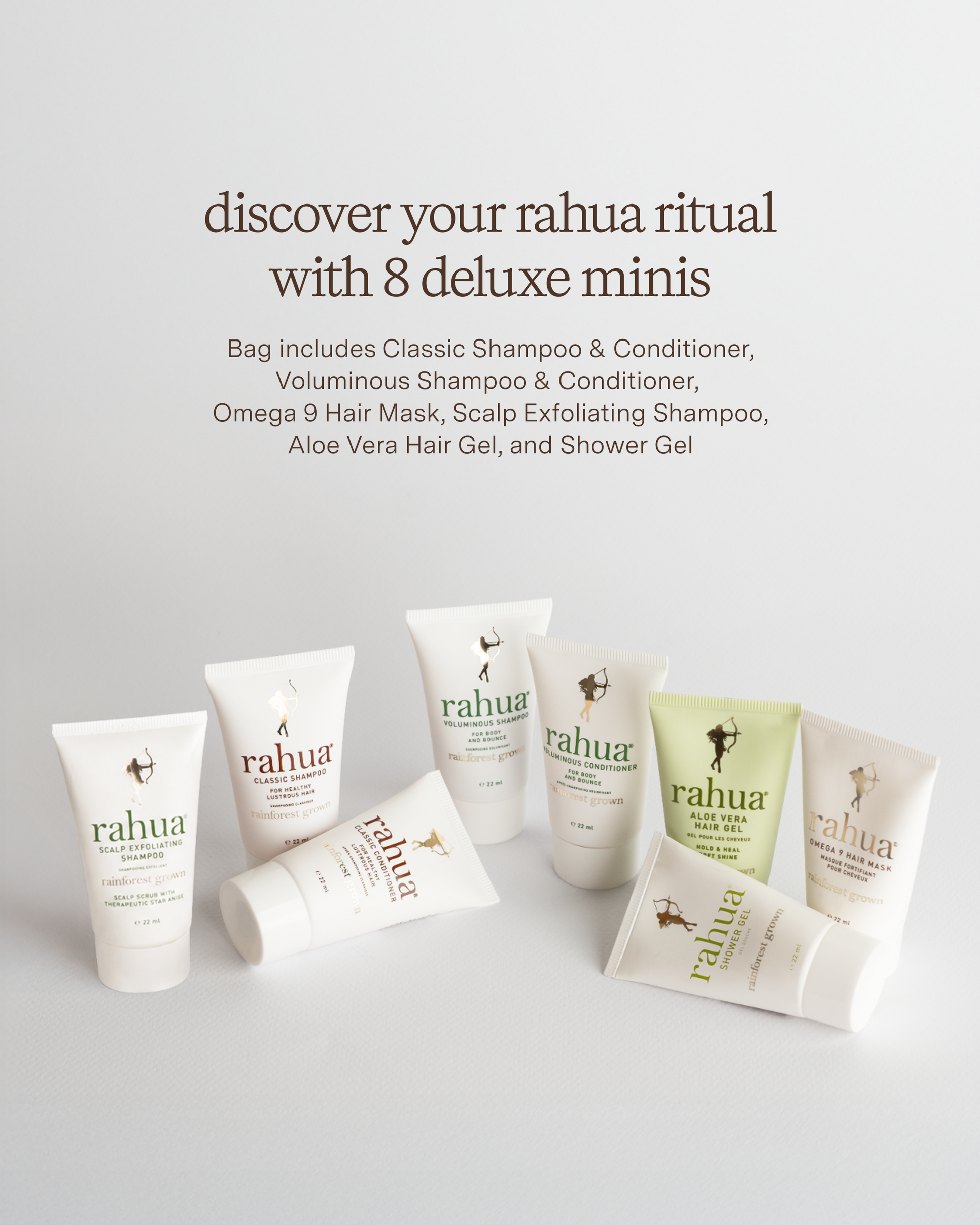 Rahua hair care product set with text on a light gray background