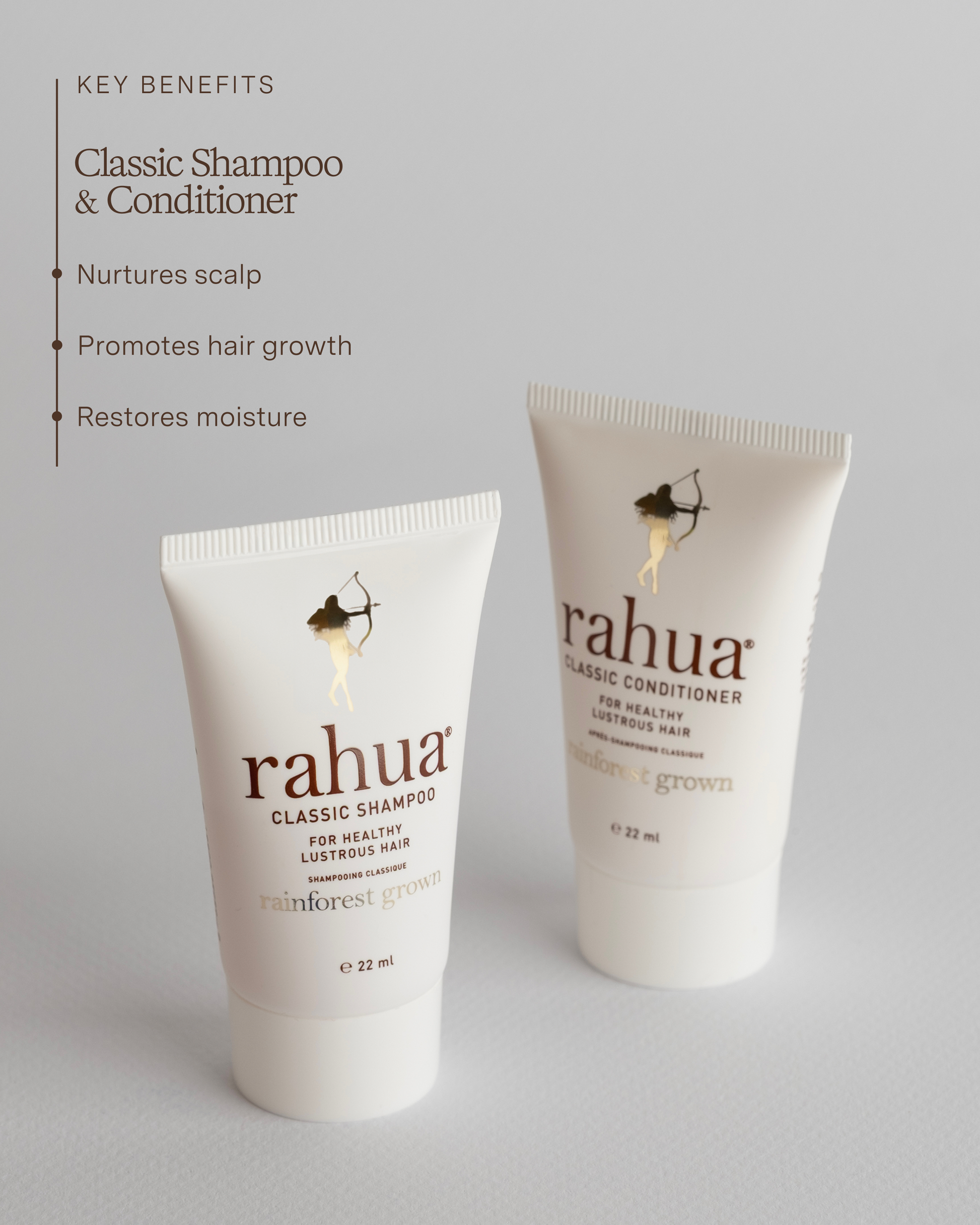 Two Rahua shampoo and conditioner bottles on a gray background with text detailing key benefits.