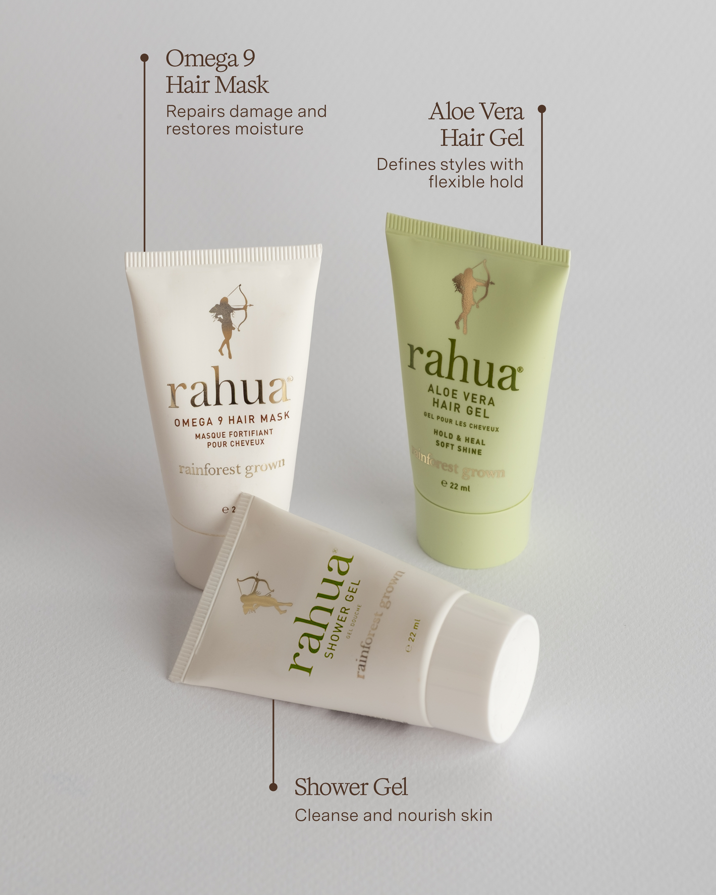 Three Rahua hair care products on a gray background