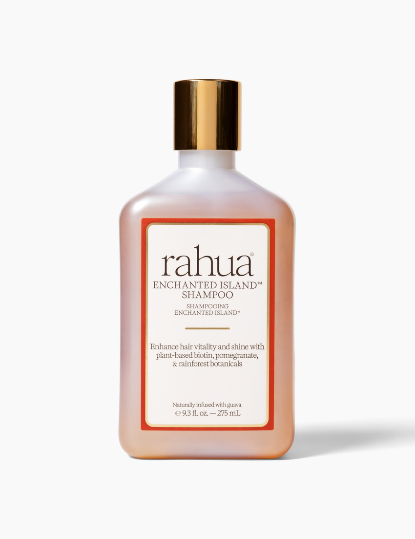Bottle of rahua Enchanted Island Shampoo on a white background