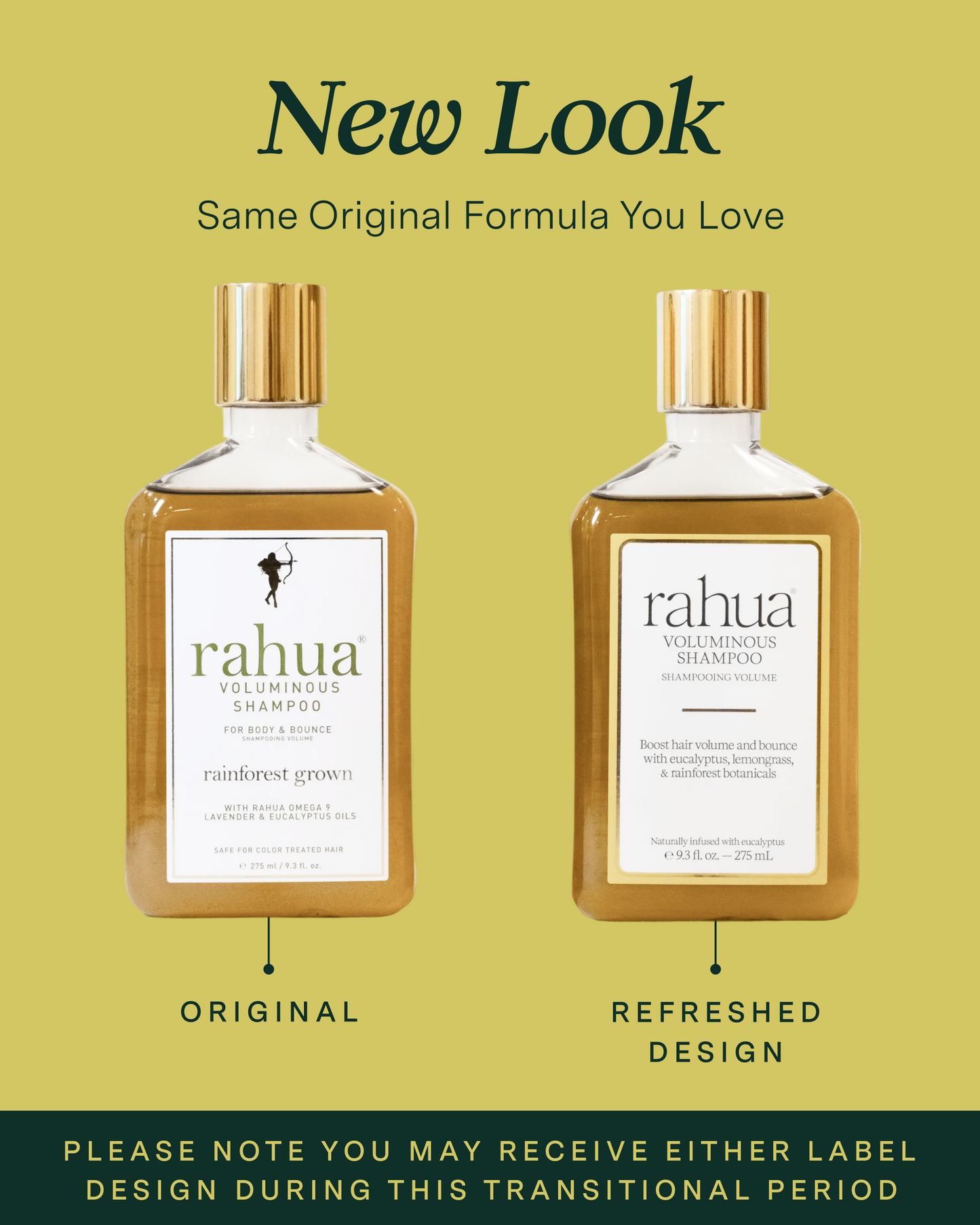 Two bottles of Rahua shampoo with a green background, showing the original label on the left with the refreshed design on the right|variant:93-oz