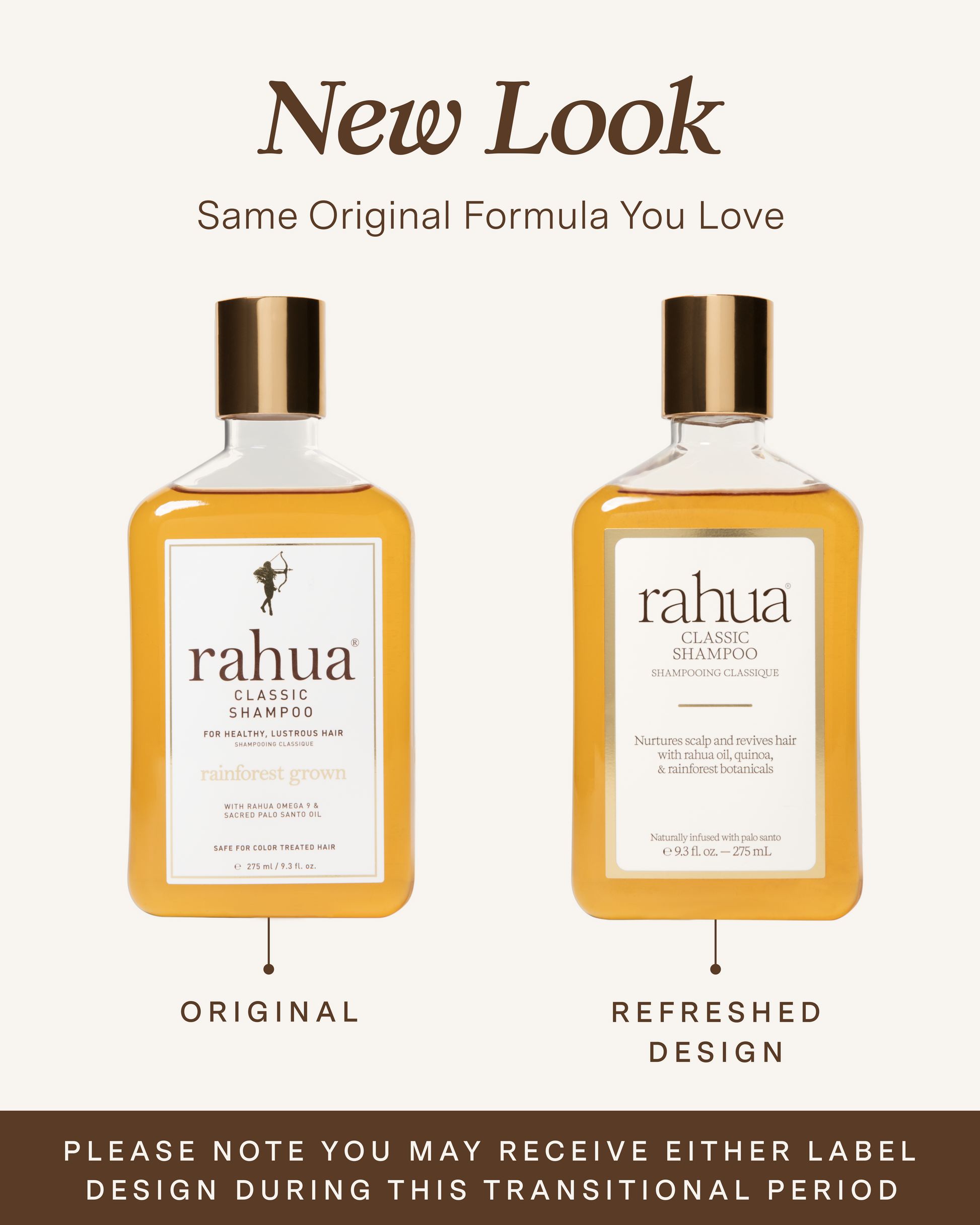 Two bottles of Rahua shampoo with a comparison between original and refreshed design on a white background, please note you may receive either label design during this transitional period|variant:93-oz