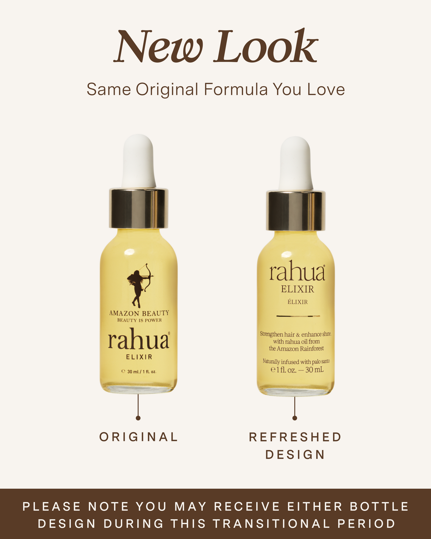 Two bottles of Rahua Elixir with text indicating a new look but same original formula.|variant:1-oz