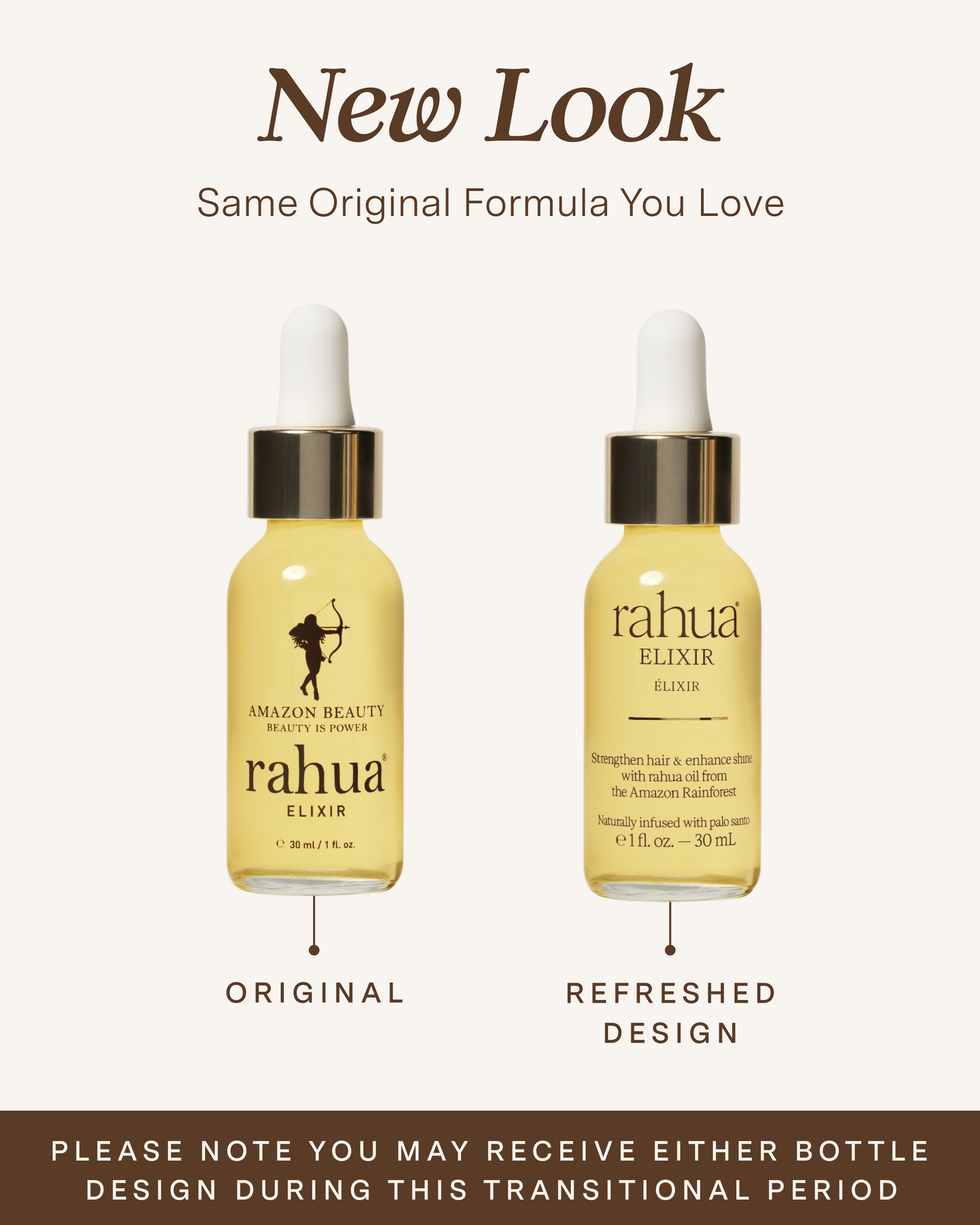 Two bottles of Rahua Elixir with text indicating a new look but same original formula.|variant:1-oz