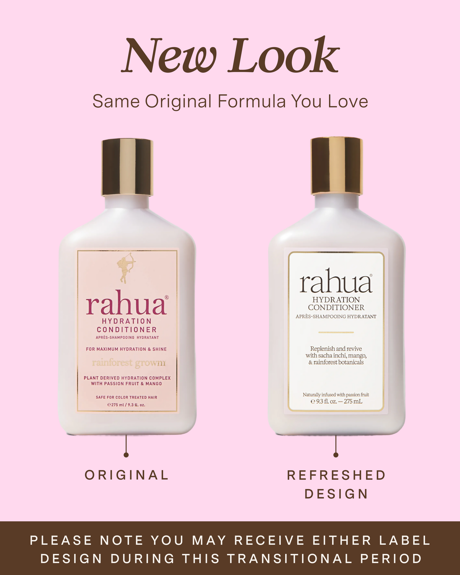 Two bottles of Rahua conditioner with a pink background and text about the new look|variant:93-oz