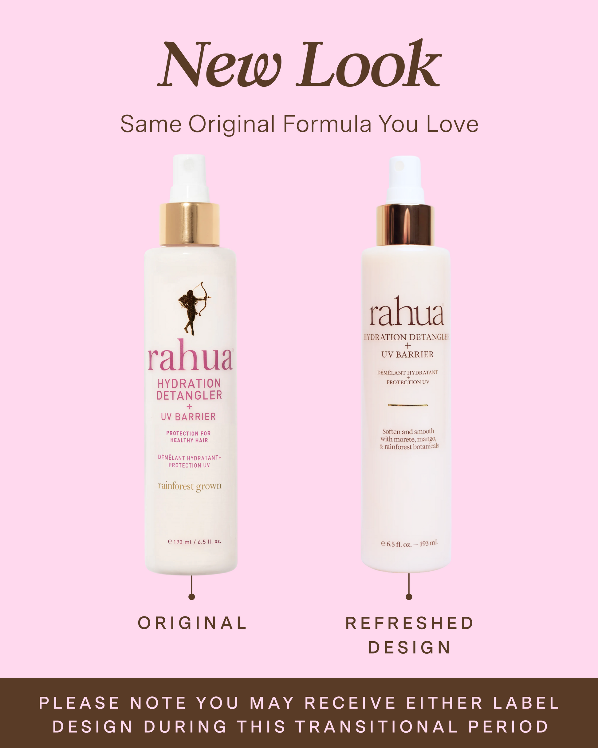 Two bottles of Rahua Hydration Detangler with a pink background and text indicating a new look|variant:65-oz