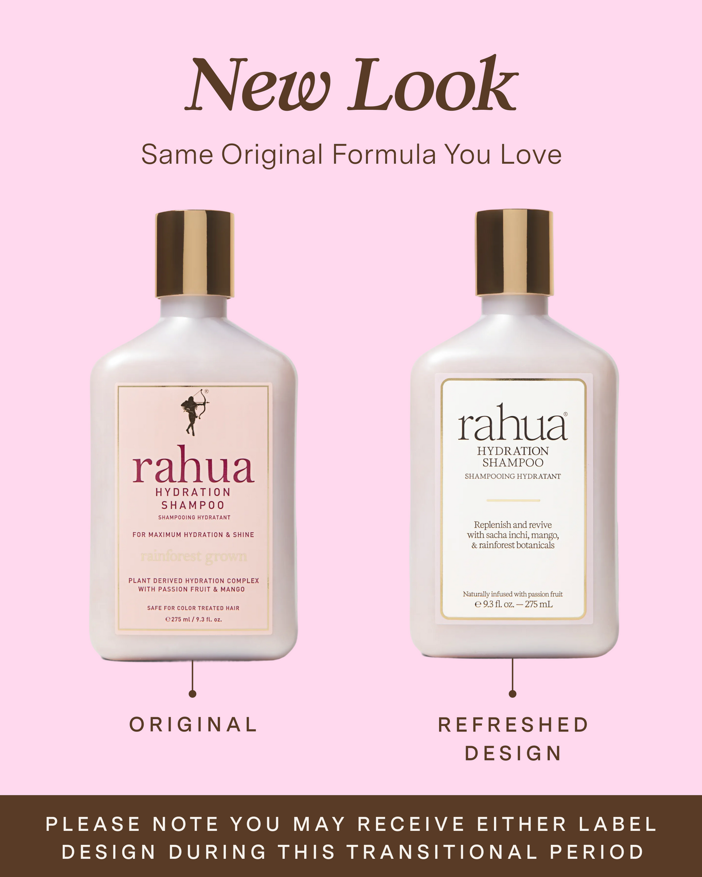 Two bottles of Rahua shampoo with a pink background and text about the new look|variant:93-oz