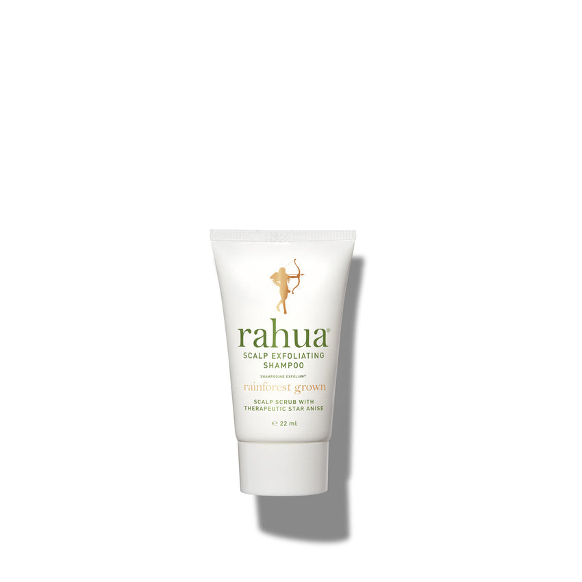 white tube with green letter rahua scalp exfoliating shampoo on plain white background|variant:074-oz