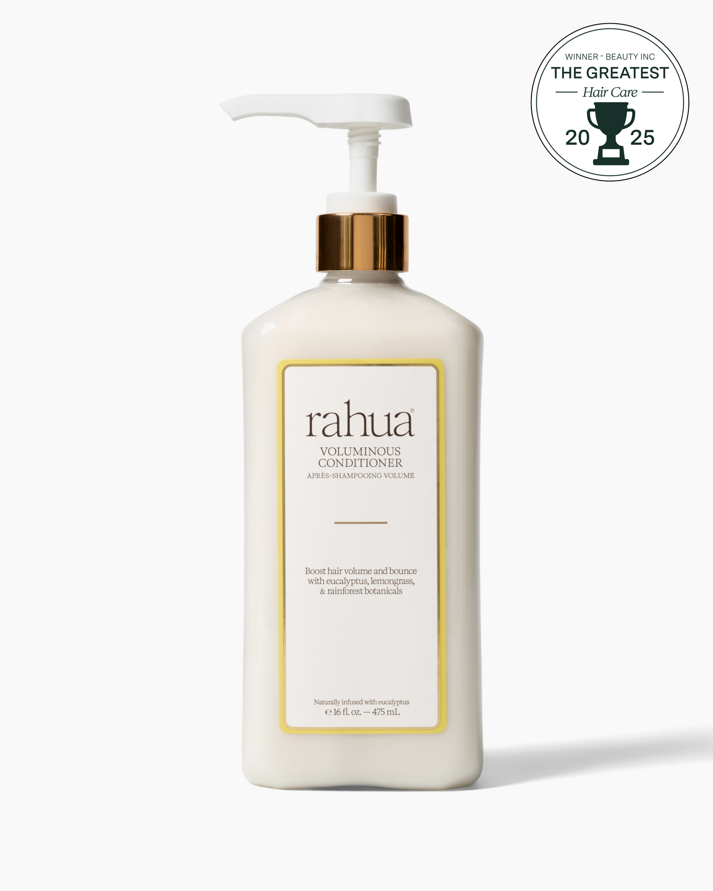 White bottle of rahuva voluminous conditioner with pump on a white background|variant:18-oz