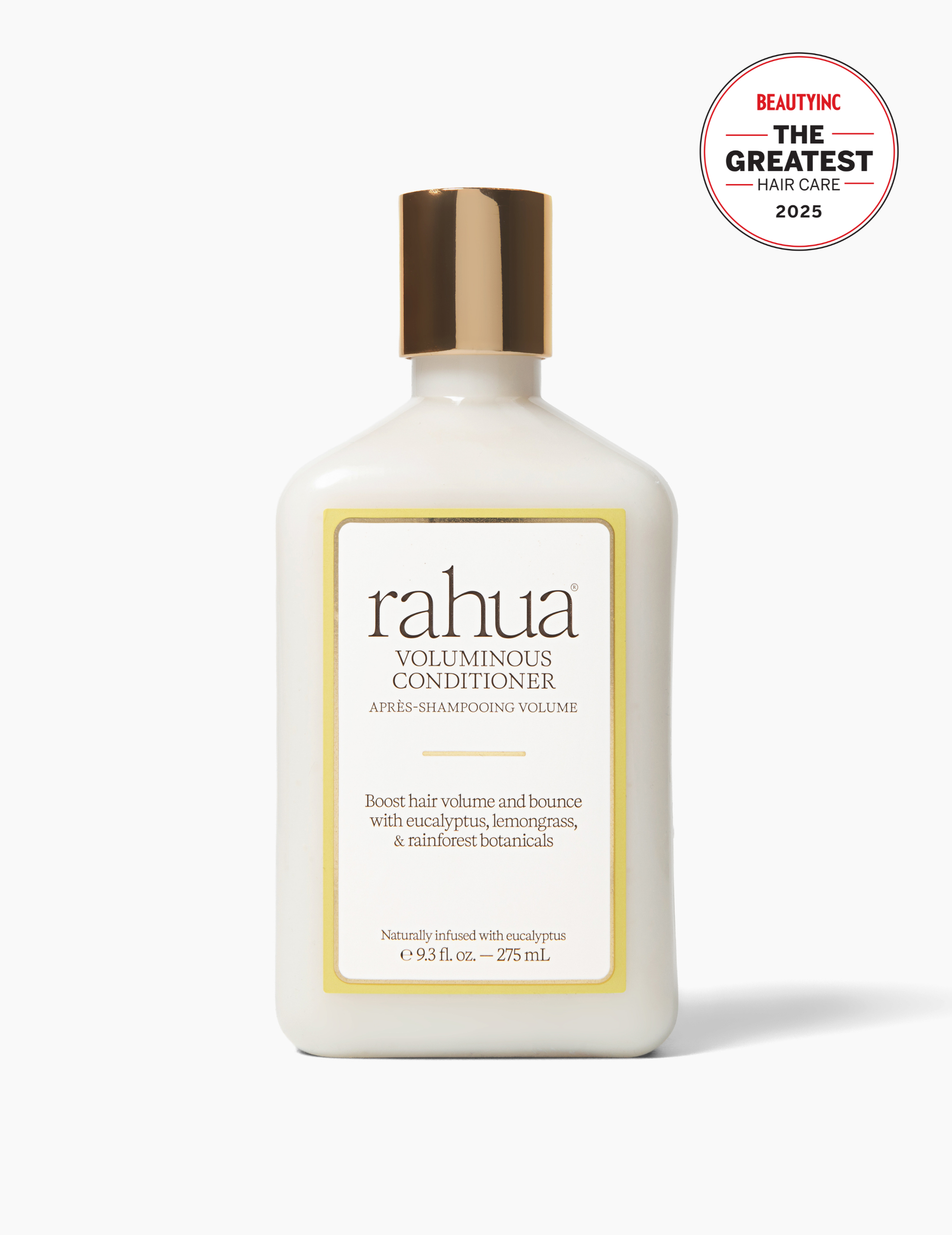 bottle with white product and a gold cap with green lettering with rahua voluminous conditioner on a white plain background|variant:93-oz