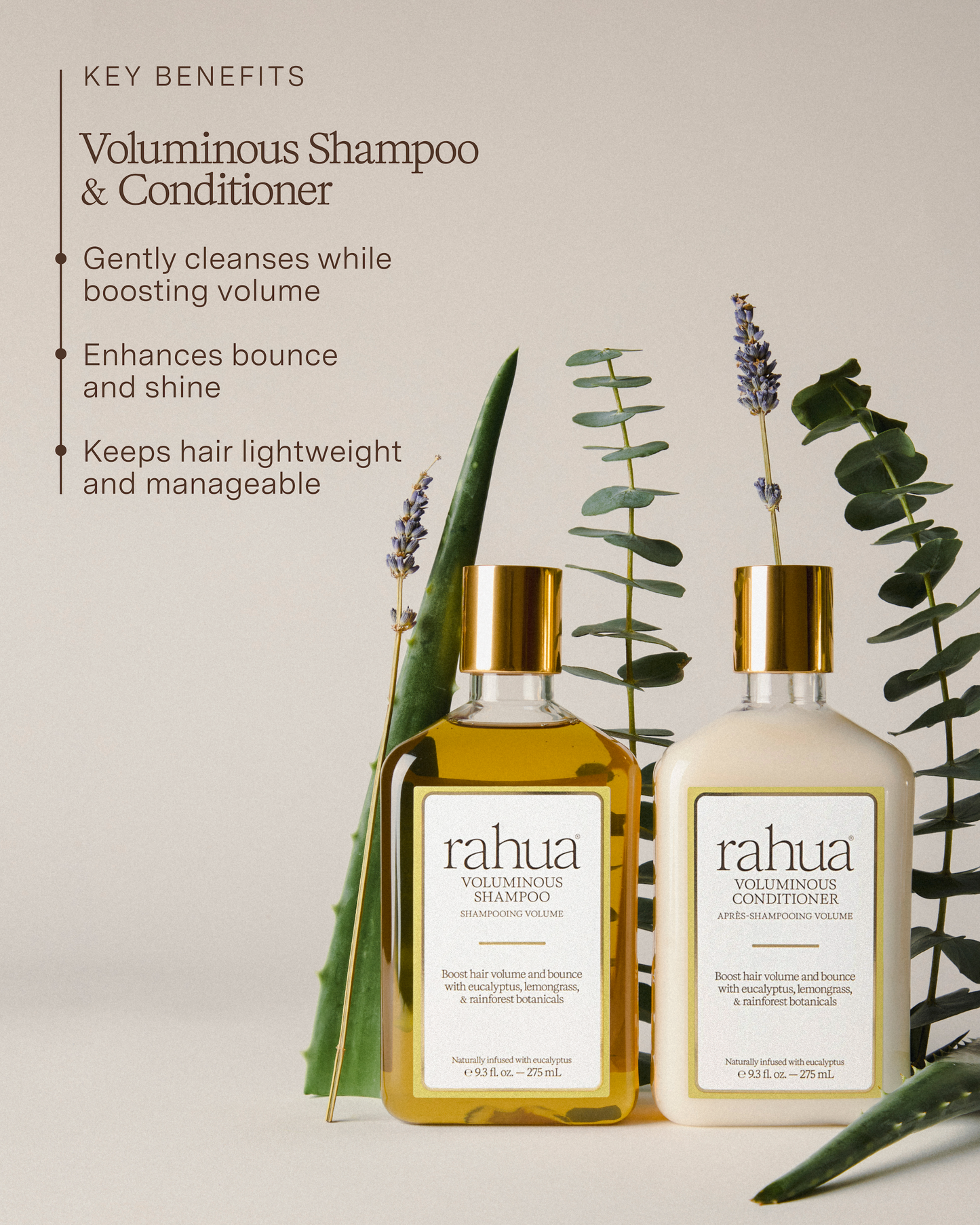 Voluminous Shampoo and Conditioner bottles with key benefits listed on a light background depicting key benefits including gently cleansing and boosting volume as well as enhancing bouce and shine while keeping hair lightweight and manageable|variant:93-oz