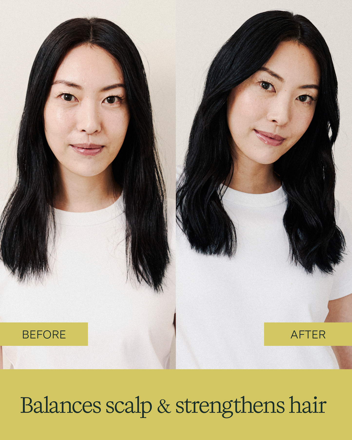 Before and after comparison of a woman with long black hair, showing hair balance and strength improvement|variant:93-oz