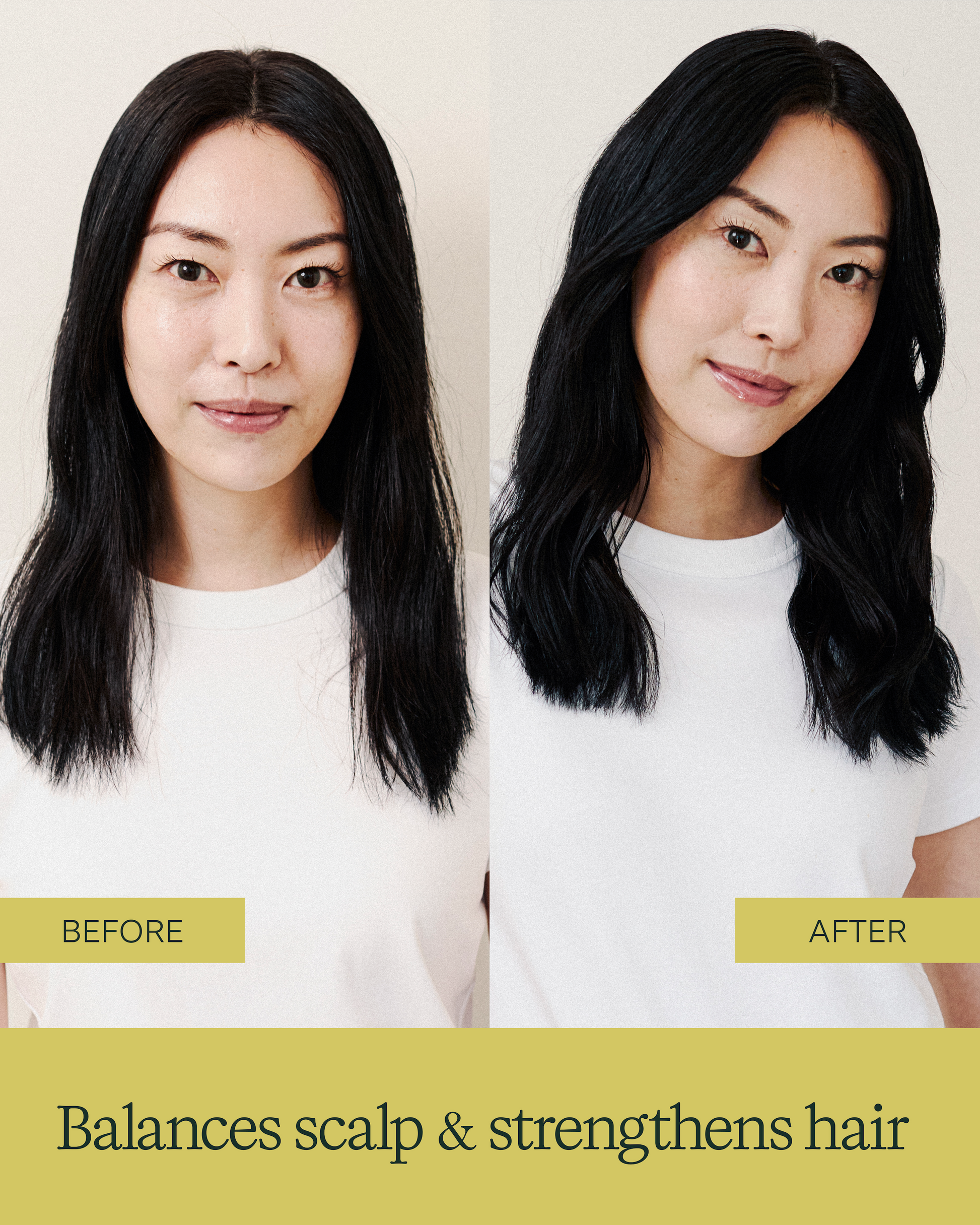 Before and after comparison of a woman with long black hair, showing hair balance and strength improvement|variant:93-oz
