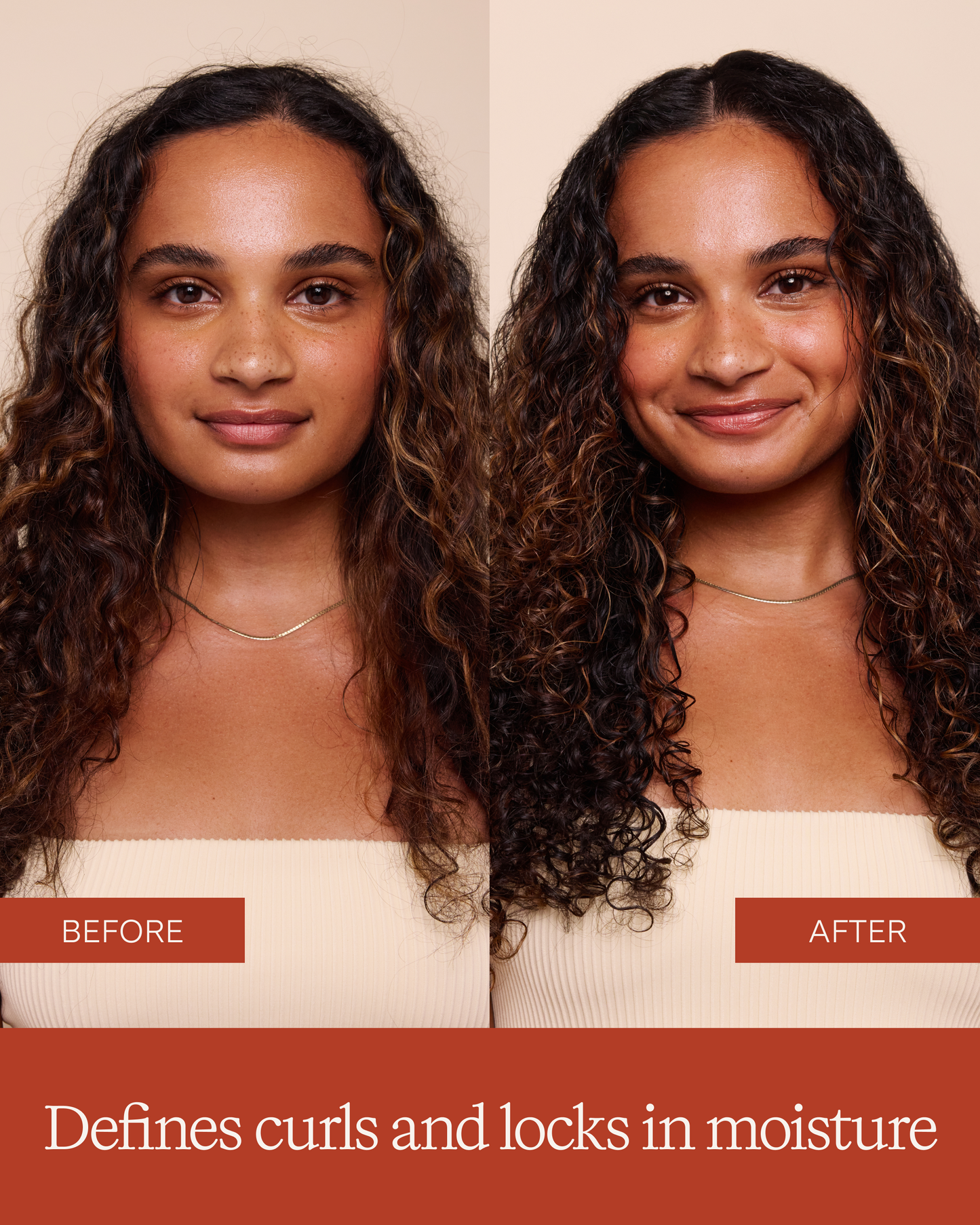 Before and after comparison of a woman with curly hair on a beige background.