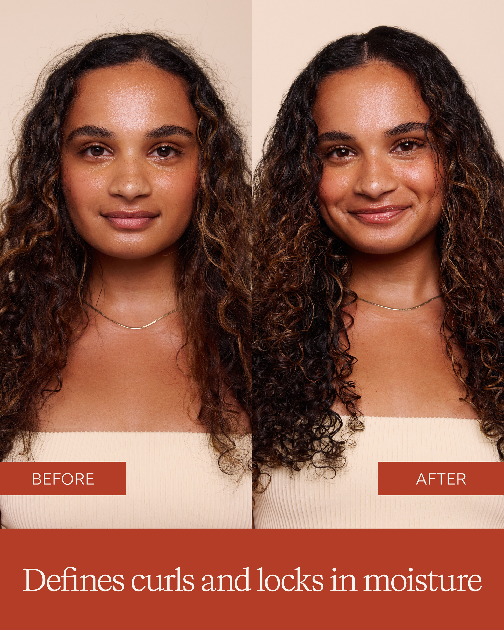 Before and after comparison of a woman with curly hair on a beige background.