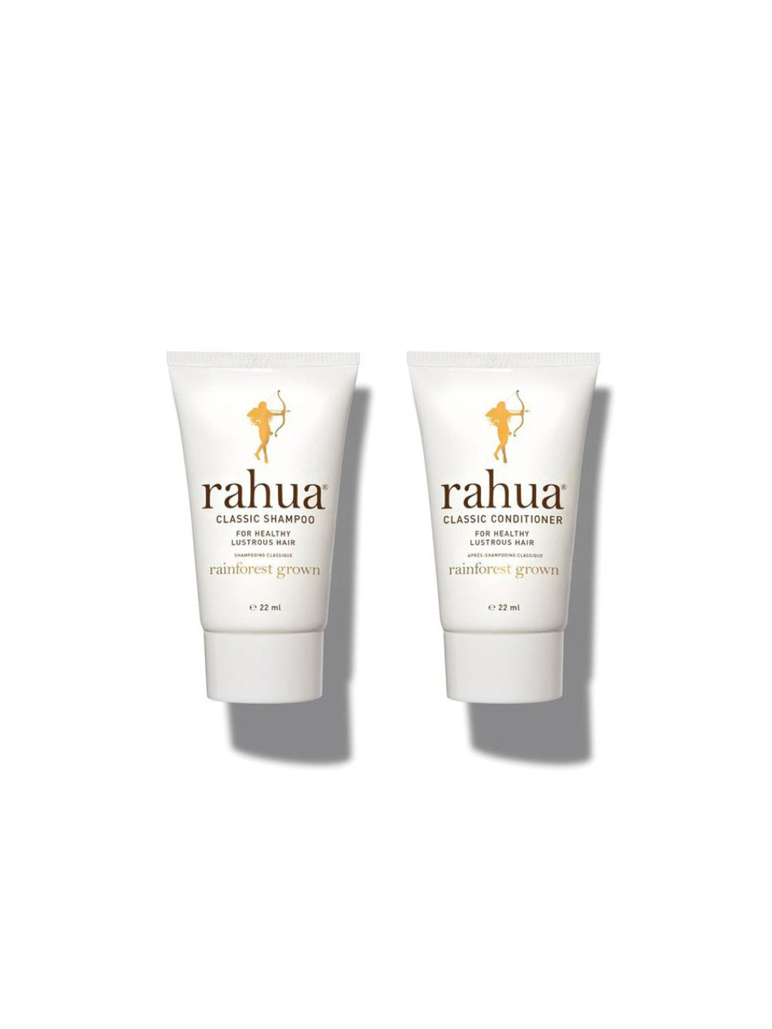 two bottles of 0.74 oz rahua classic shampoo and classic conditioner on a plain white background travel friendly tsa safe compliant|variant:074-oz